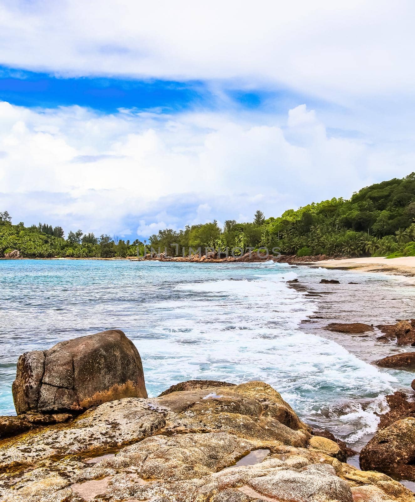 Sunny day beach view on the paradise islands Seychelles.