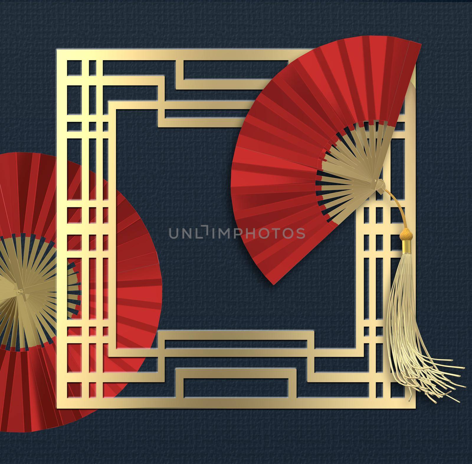 Chinese new year. Red paper fans, gold frame on blue background. Greetings card, invitation, posters, brochure, calendar, flyers, banner. Abstract minimalist 3D illustration