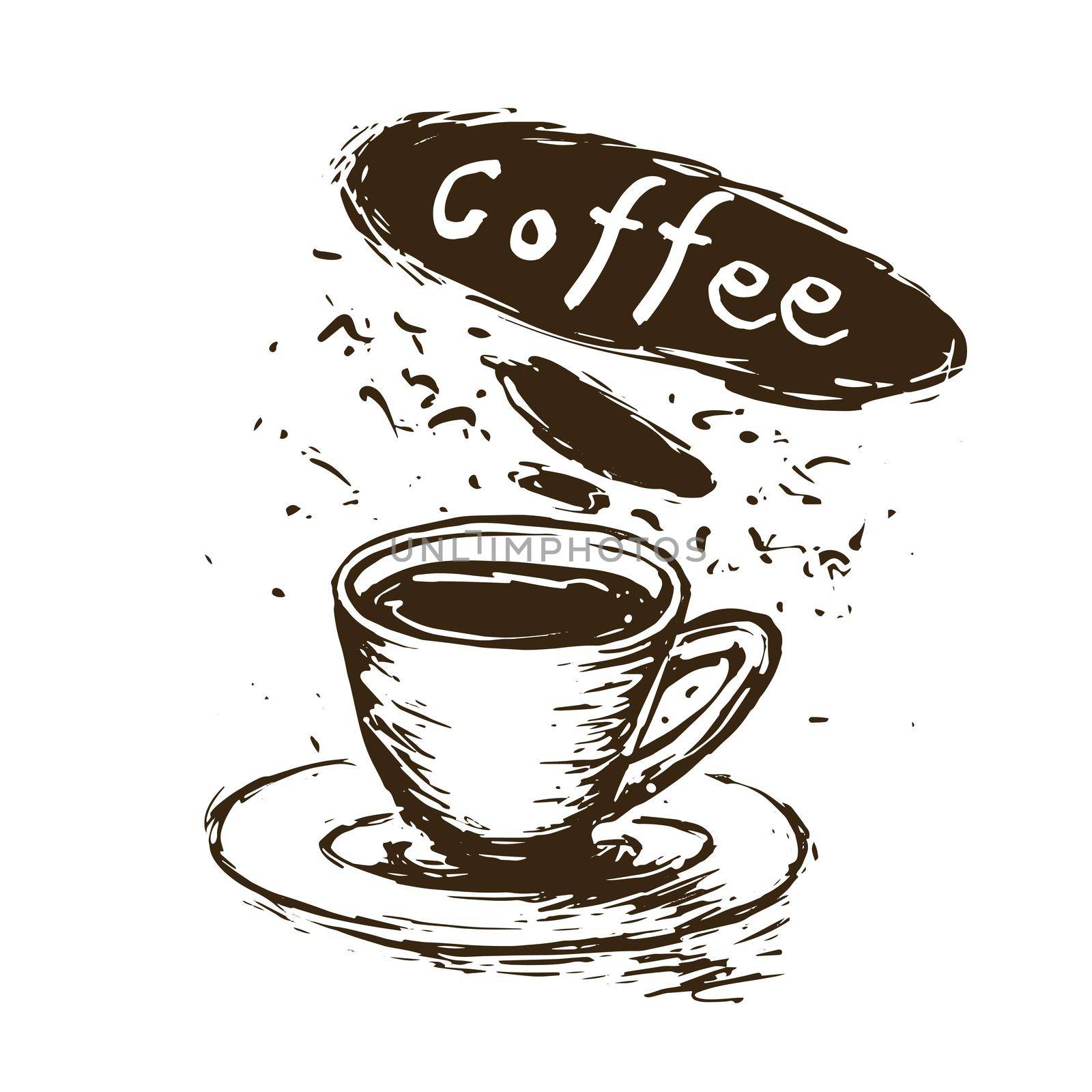 Vector logo with a drawn coffee cup on a white background.