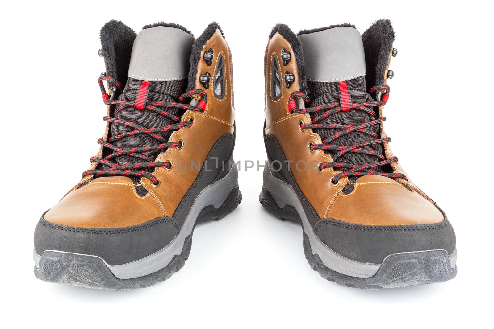 pair of brown insulated winter warm three quarter sneaker or boot isolated on white background, frontal perspective view