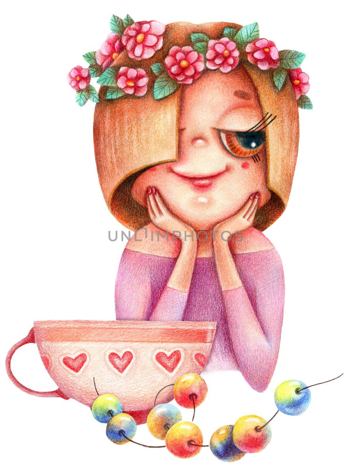 Cute illustration of nice girl with floral wreath, coffee cup with hearts and colored beads. Drawings in original style by colored pencils.