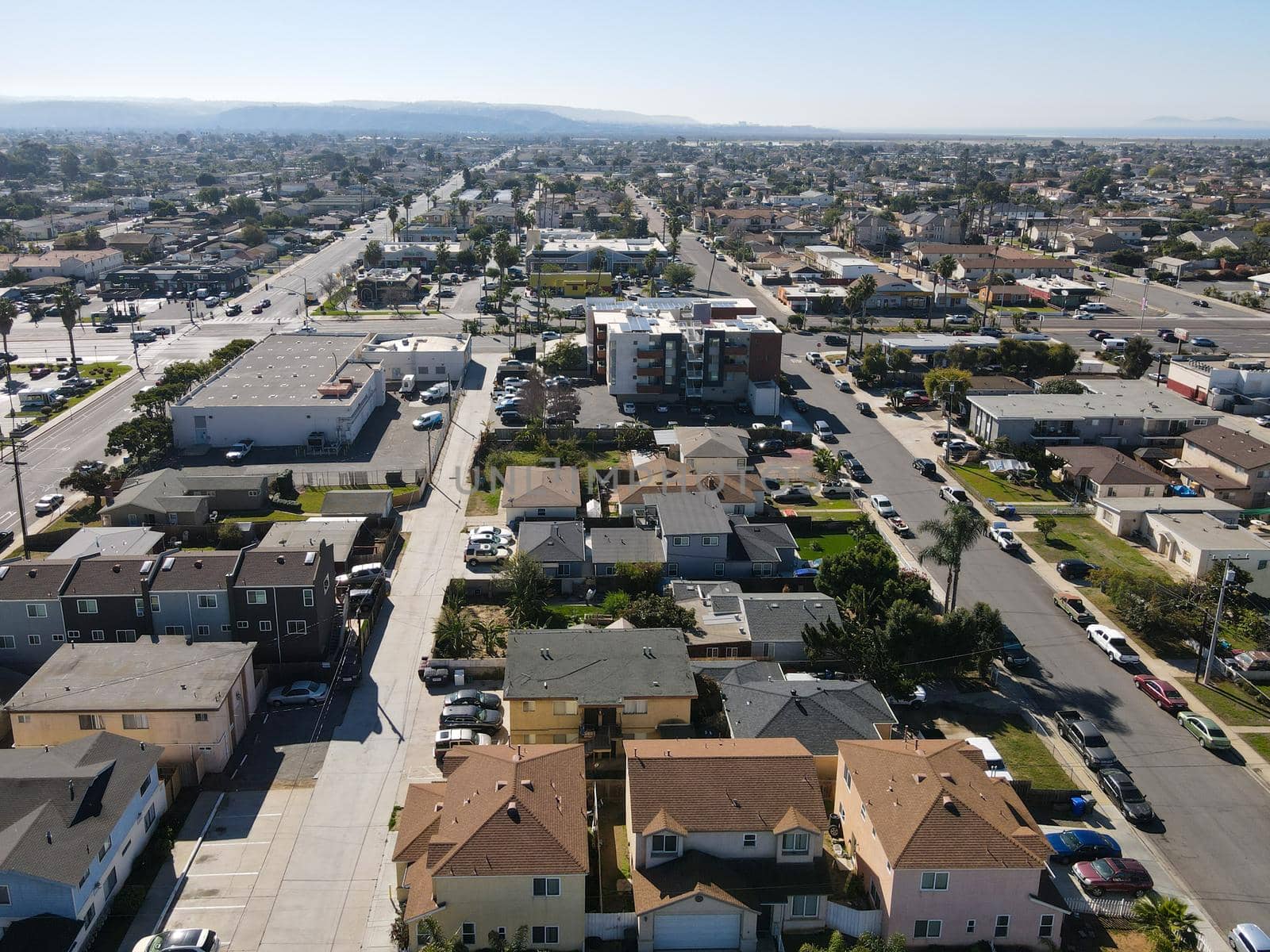 Aerial view of street and houses in Imperial Beach area in San Diego, California, USA
