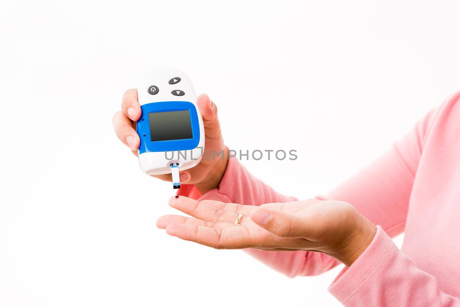Hands woman measuring glucose test level check with blood on finger by glucometer she monitor and control high blood sugar diabetes and glycemic health care concept isolated on white background