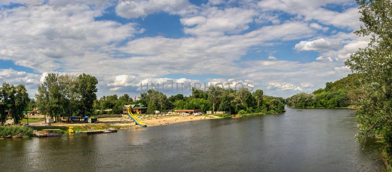 Svyatogorsk, Ukraine 07.16.2020.  Seversky Donets River near the Svyatogorsk or Sviatohirsk lavra on a sunny summer morning