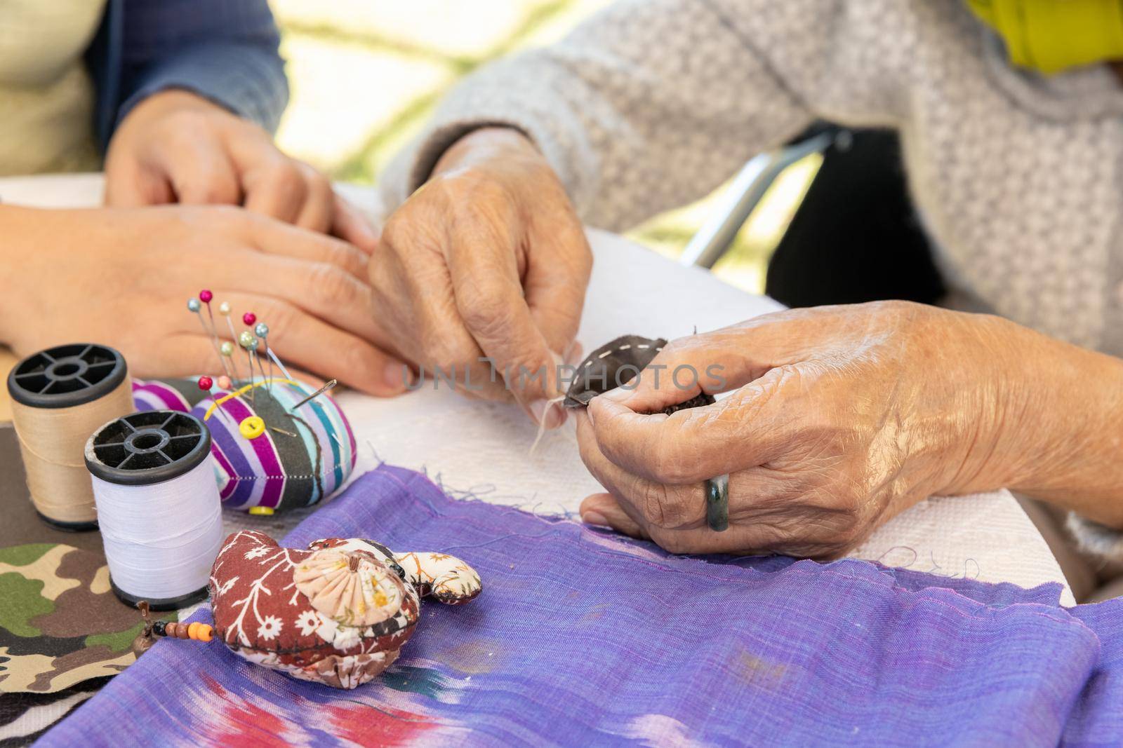 Elderly woman and daughter in the needle crafts occupational therapy for Alzheimer’s or dementia  by toa55