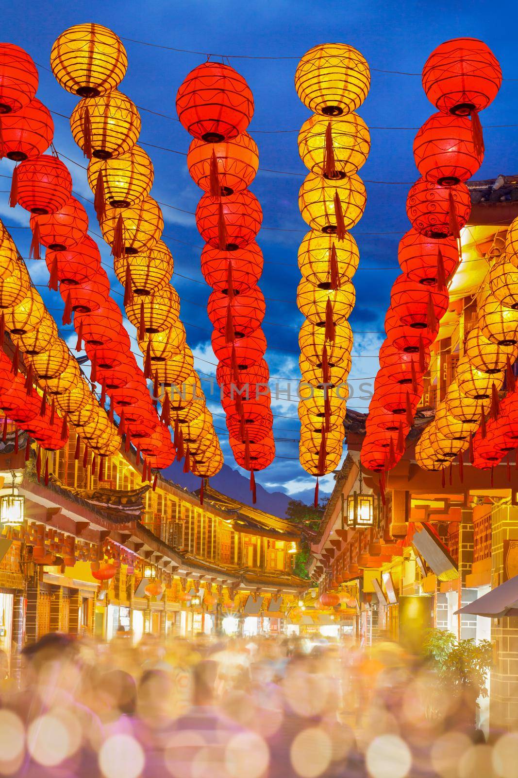 Lijiang old town in the evening with crowd tourist , Yunnan China.