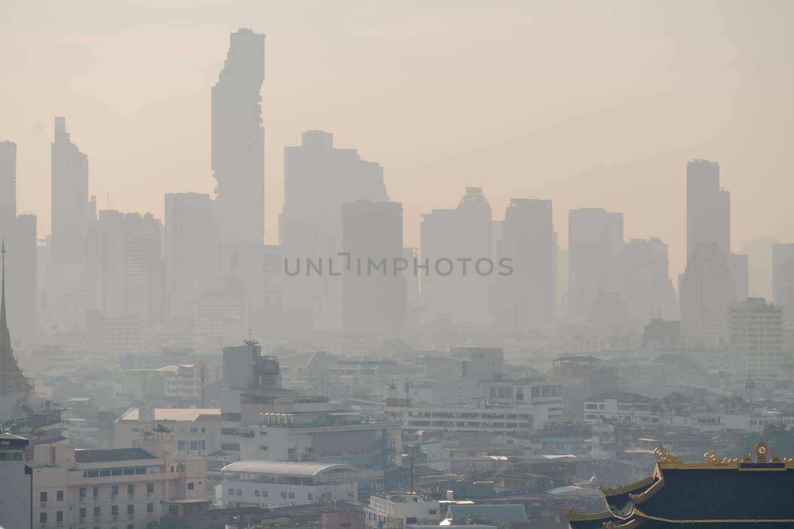 Problem air pollution at hazardous levels with PM 2.5 dust, smog or haze, low visibility in Bangkok city ,Thailand