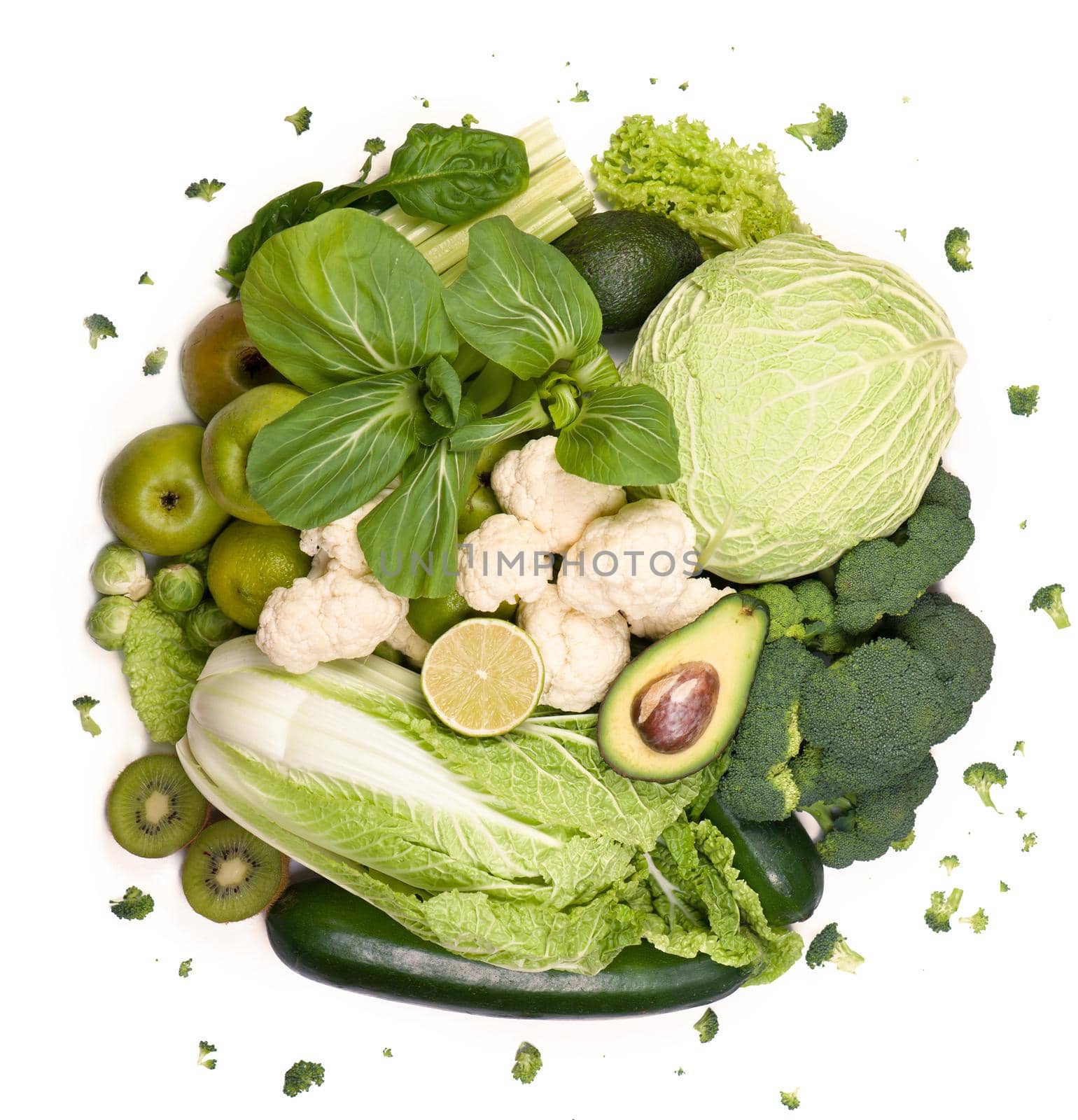 green vegetables Group of green vegetables and fruits on white background