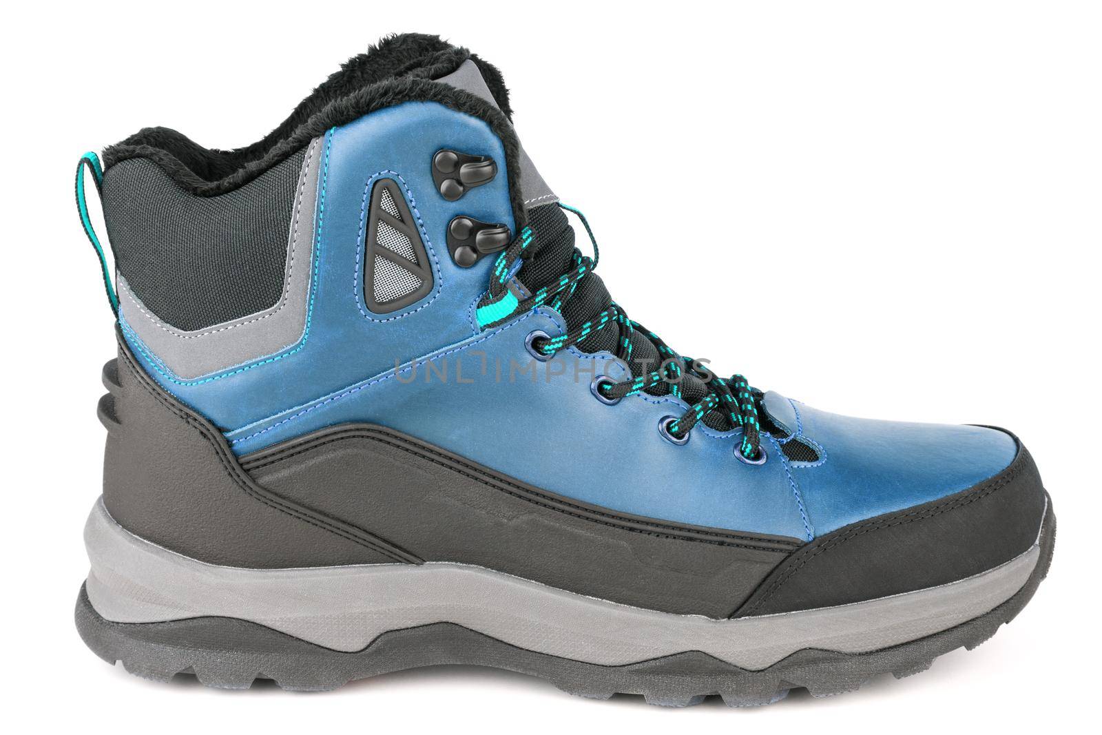 blue insulated winter warm three quarter sneaker or boot isolated on white background, side view