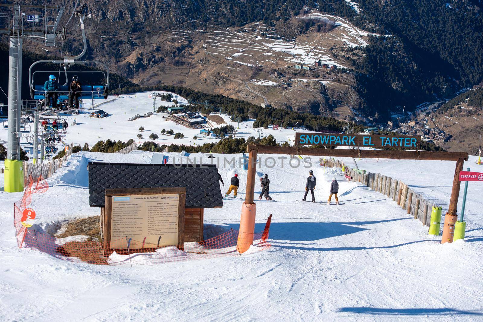 El Tarter, Andorra: 2021 February 08: Snow Park at the Grandvalira Ski Resort in winter 2021