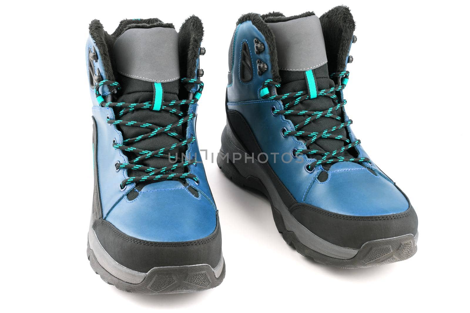 pair of mint blue insulated winter warm three quarter sneaker or boot isolated on white background, perspective view