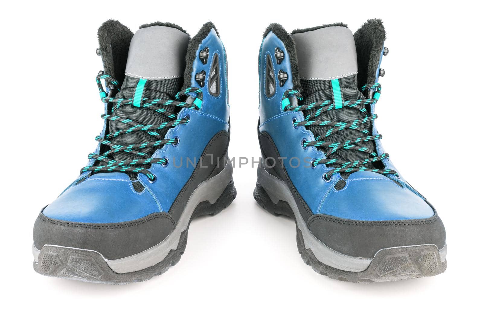 pair of mint blue insulated winter warm three quarter sneaker or boot isolated on white background, perspective view