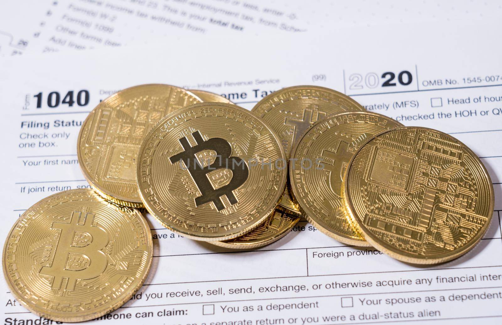 Form 1040 for 2020 with bitcoin coins for reporting of gains from cyber currency trading or investment