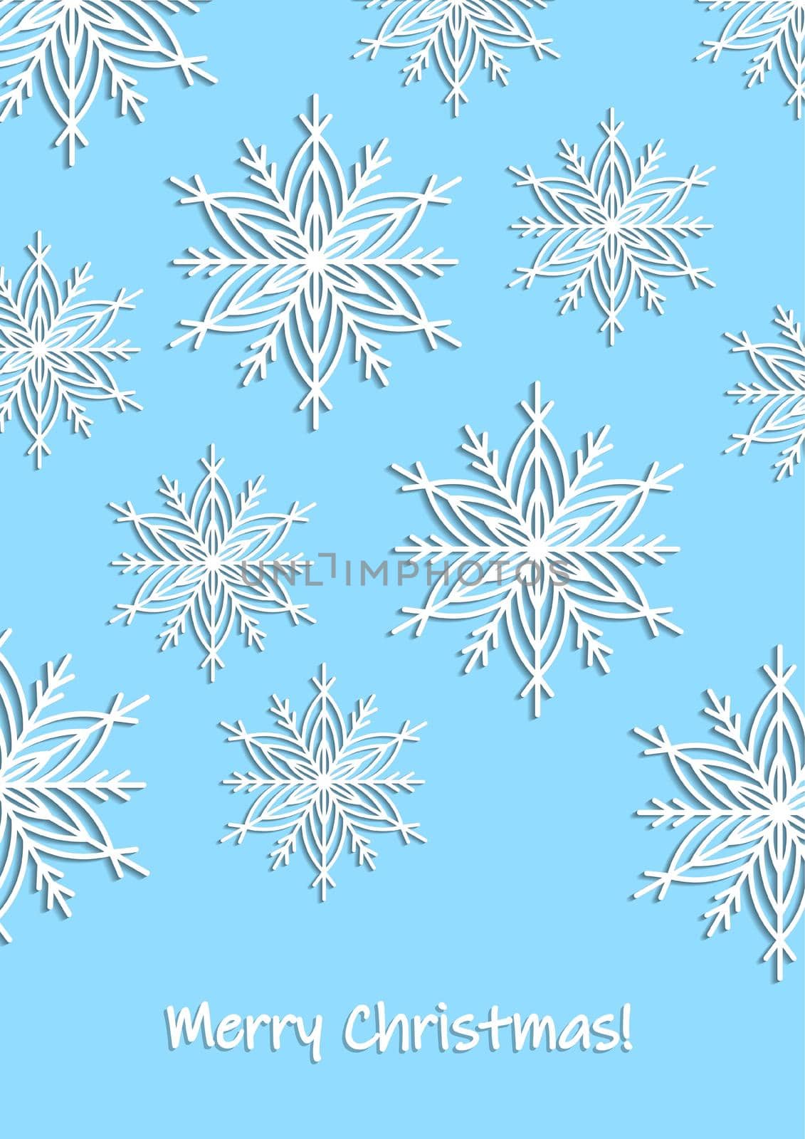 Merry Christmas, holiday, celebration greeting and invitation card, banner, frame, header, postcard. Layout template. White snowflakes on blue background. Winter flat illustration