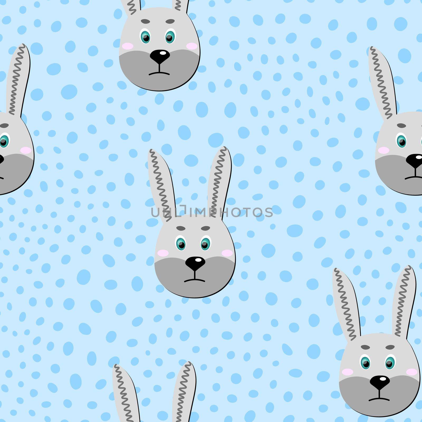 Vector flat animals colorful illustration for kids. Seamless pattern with cute hare face on blue polka dots background. Adorable cartoon character. Design for card, poster, fabric, textile. Rabbit.