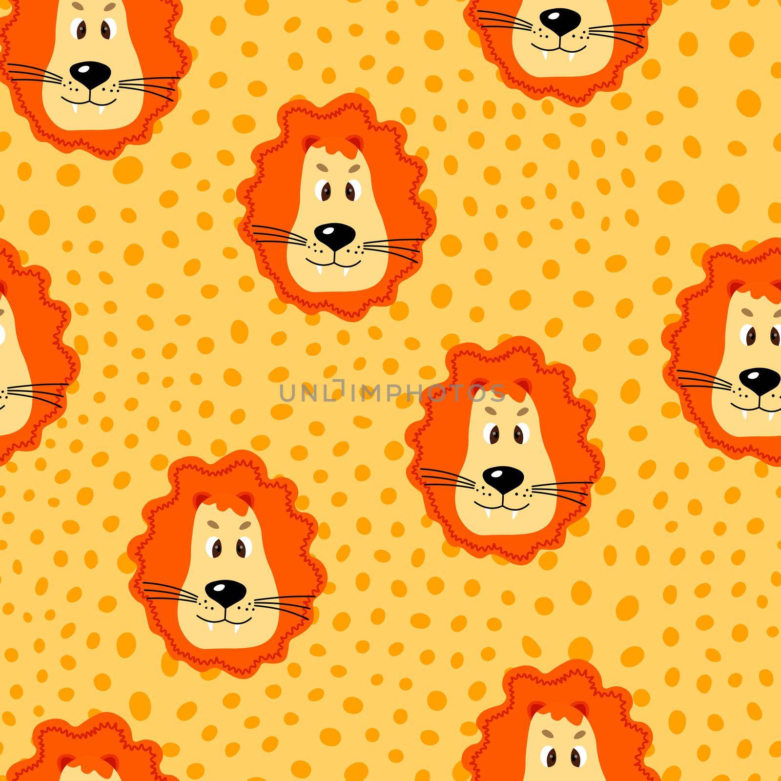 Vector flat animals colorful illustration for kids. Seamless pattern with cute lion face on yellow polka dots background. Adorable cartoon character. Design for card, poster, fabric, textile. by allaku