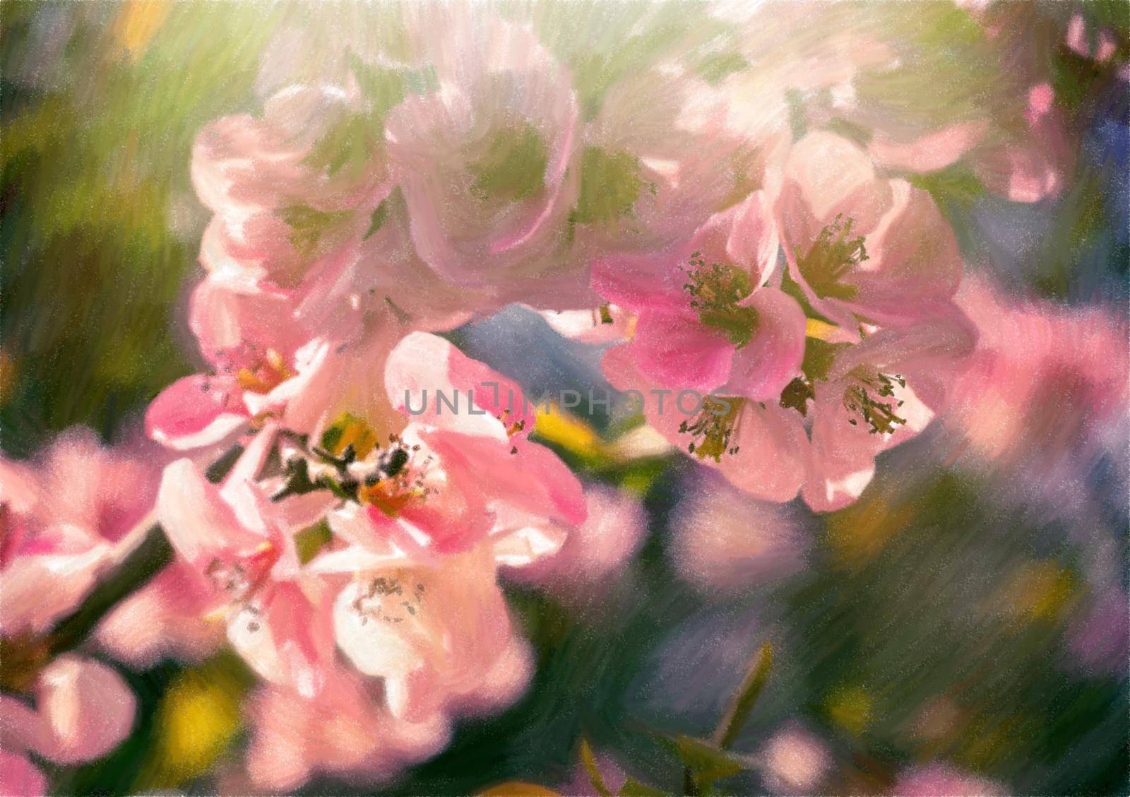 Illustration with pink petals of spring flowers on long branches attract insects to collect nectar.