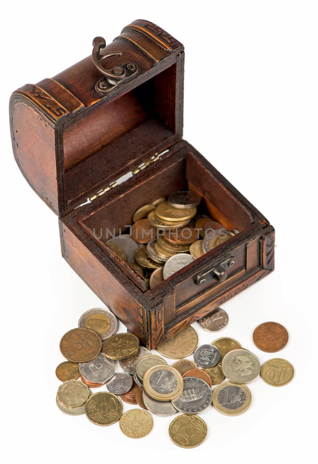 Wooden casket full of coins thai by aprilphoto