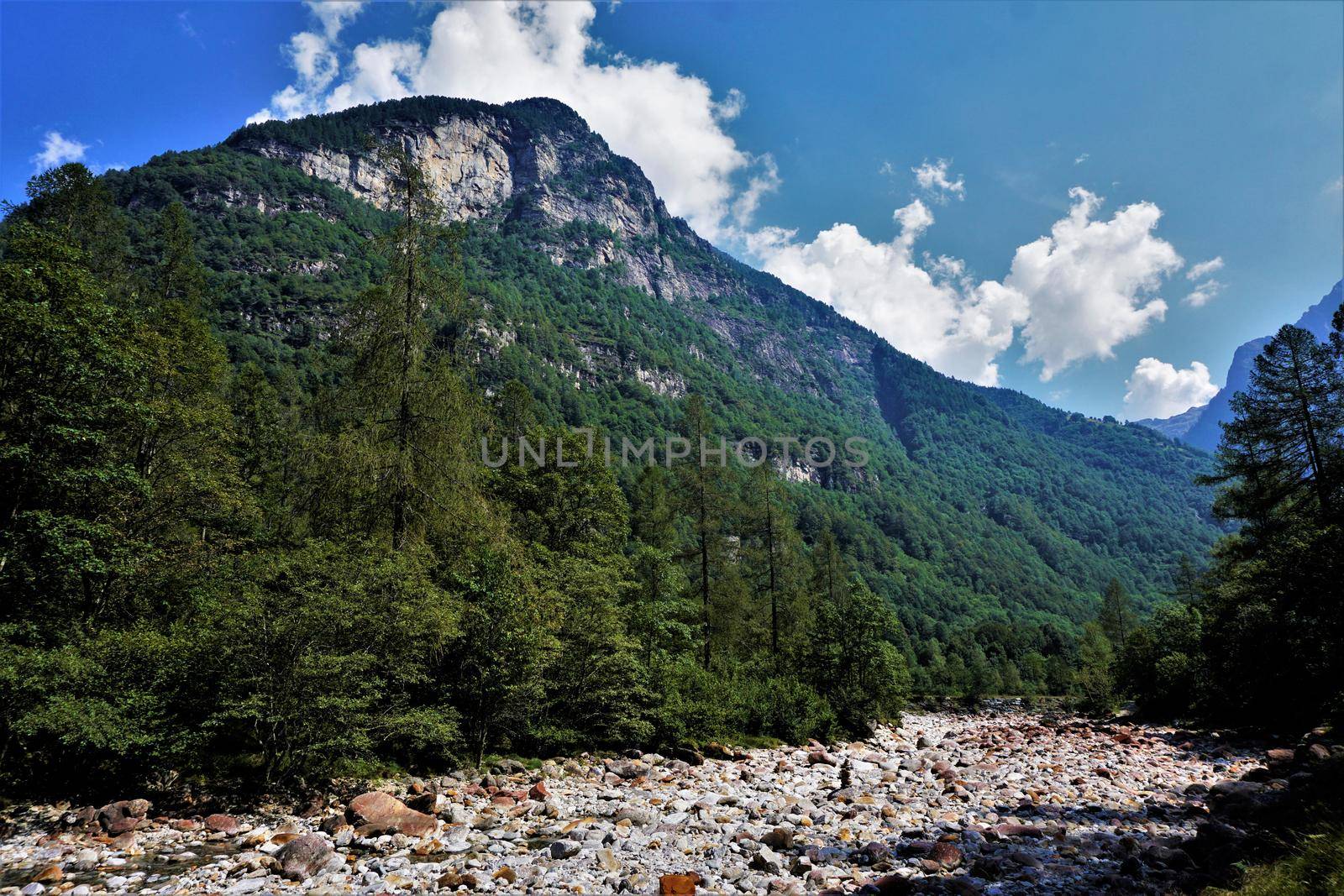 River bed of the Verzasca river with dramatic landscape by pisces2386
