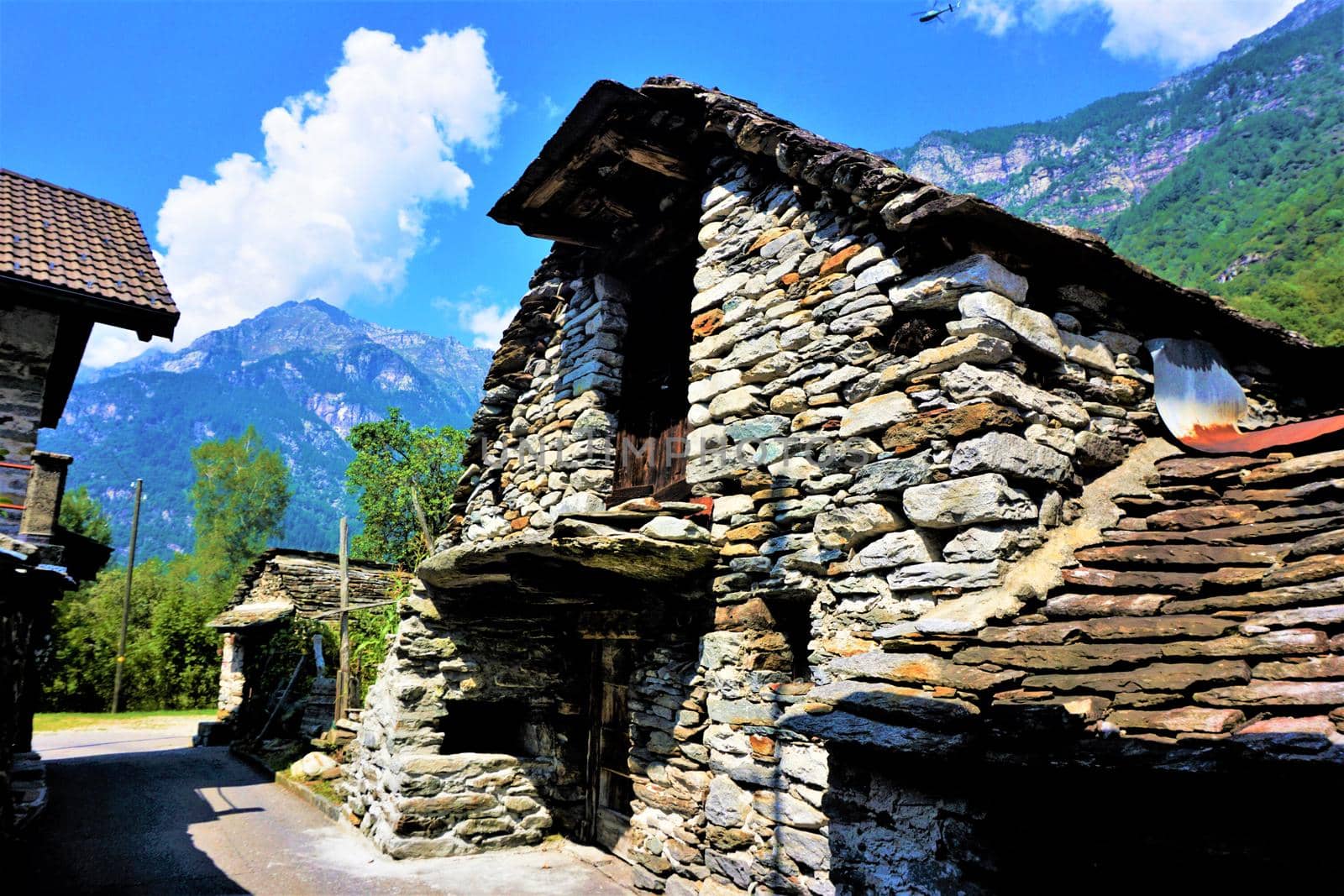 Street in the village of Frasco, Valle Verzasca, Ticino Switzerland