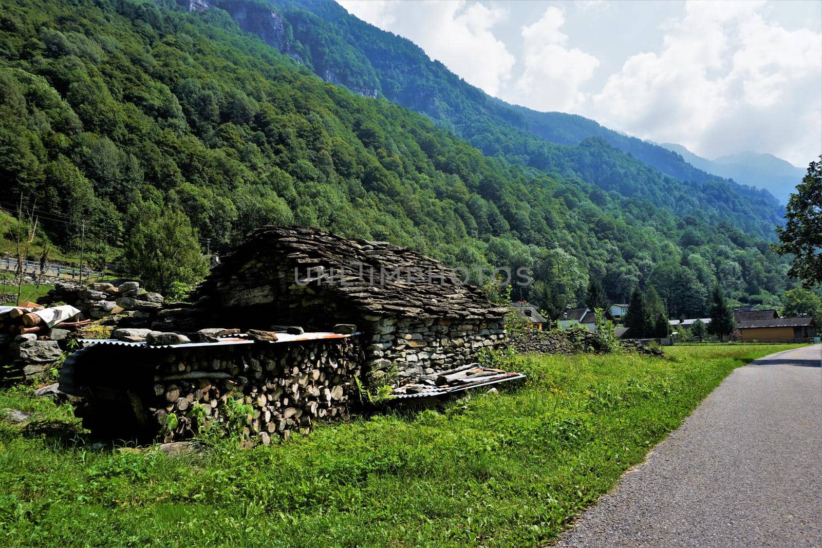 Traditional and modern buildings in Frasco, Valle Verzasca, Ticino, Switzerland