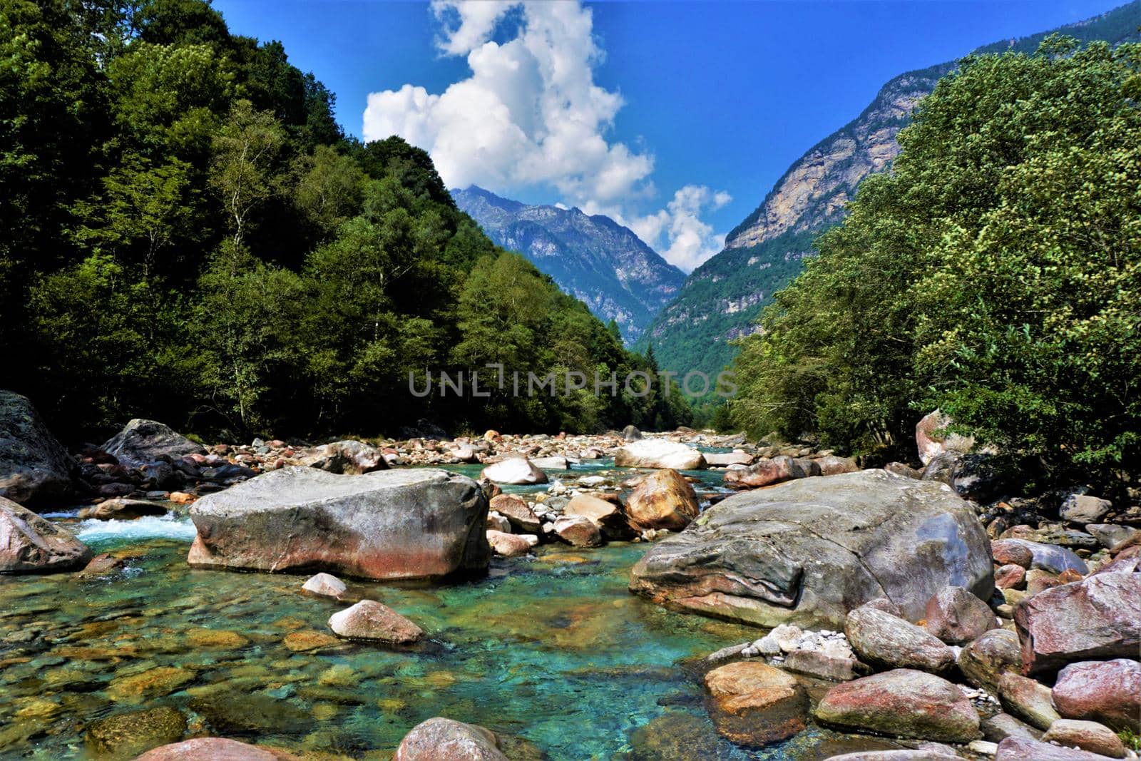 Big rocks in the Verzasca river and beautiful landscape of the Valle Verzasca, Ticino, Switzerland