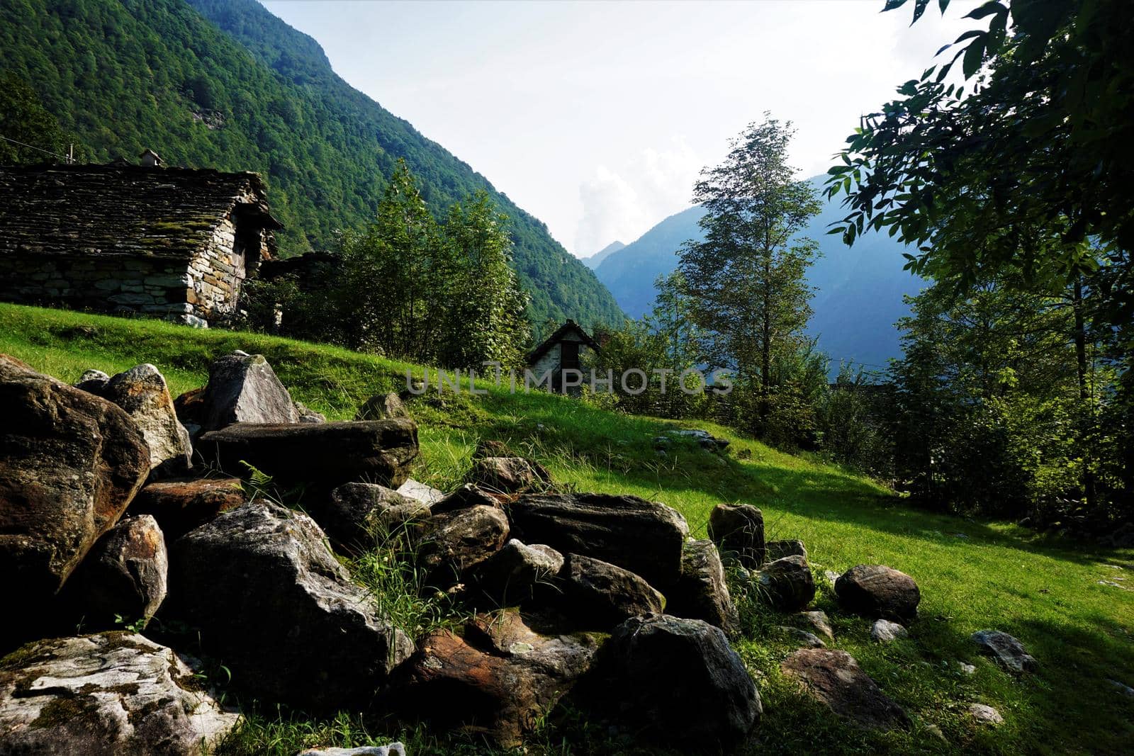Traditional rustic houses spotted near Gerra, Verzasca Valley, Switzerland