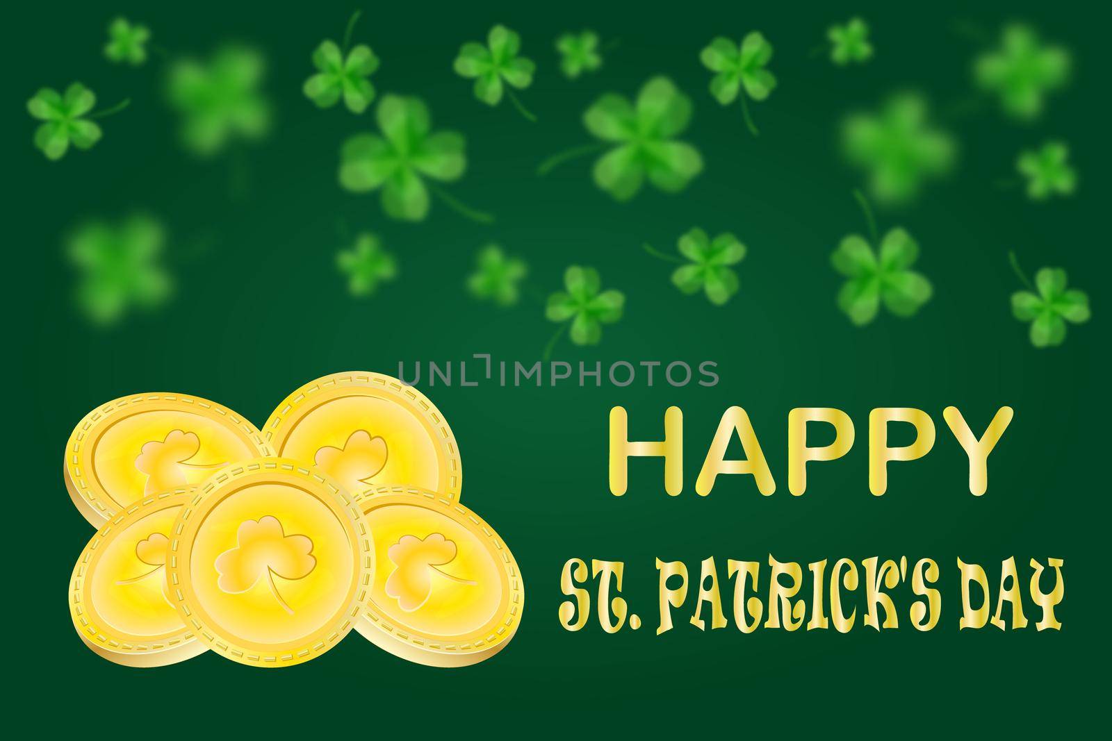 Happy St. Patrick's Day banner with gold, money and shamrock clover leaf on green blur backdrop. Irish symbols of the holiday. Greeting card with congratulate text. Stock vector illustration