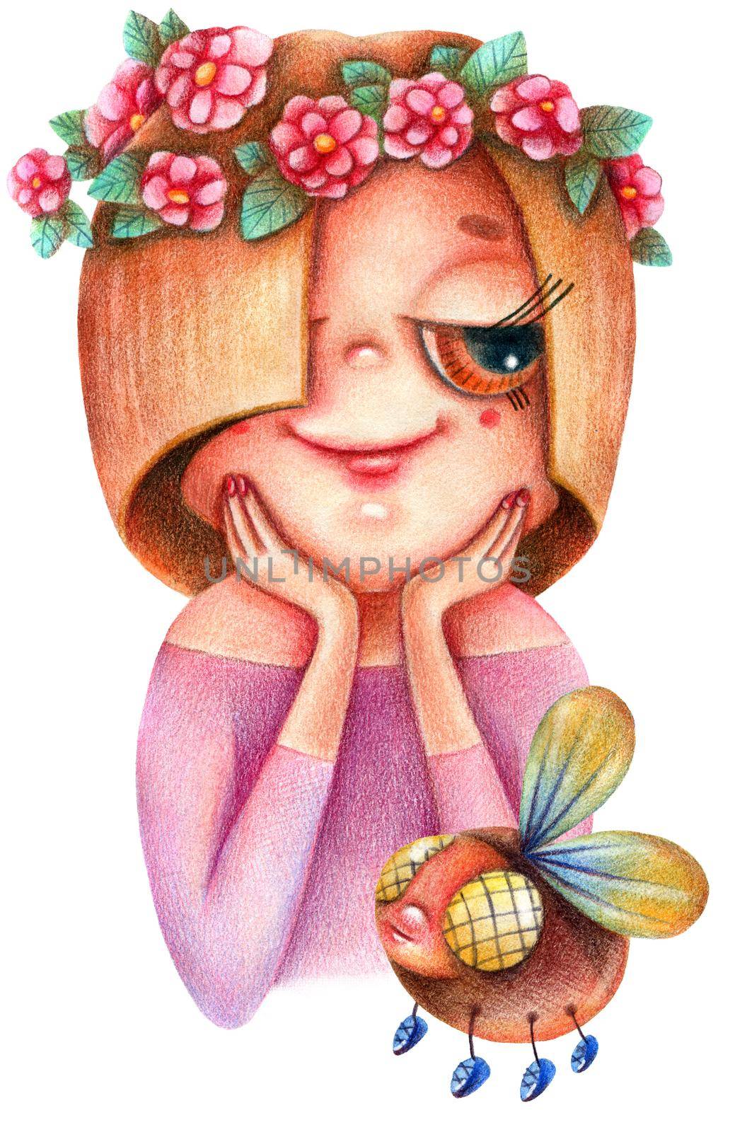 Cute illustration of nice girl with floral wreath and flying insect. Drawings in original style by colored pencils.