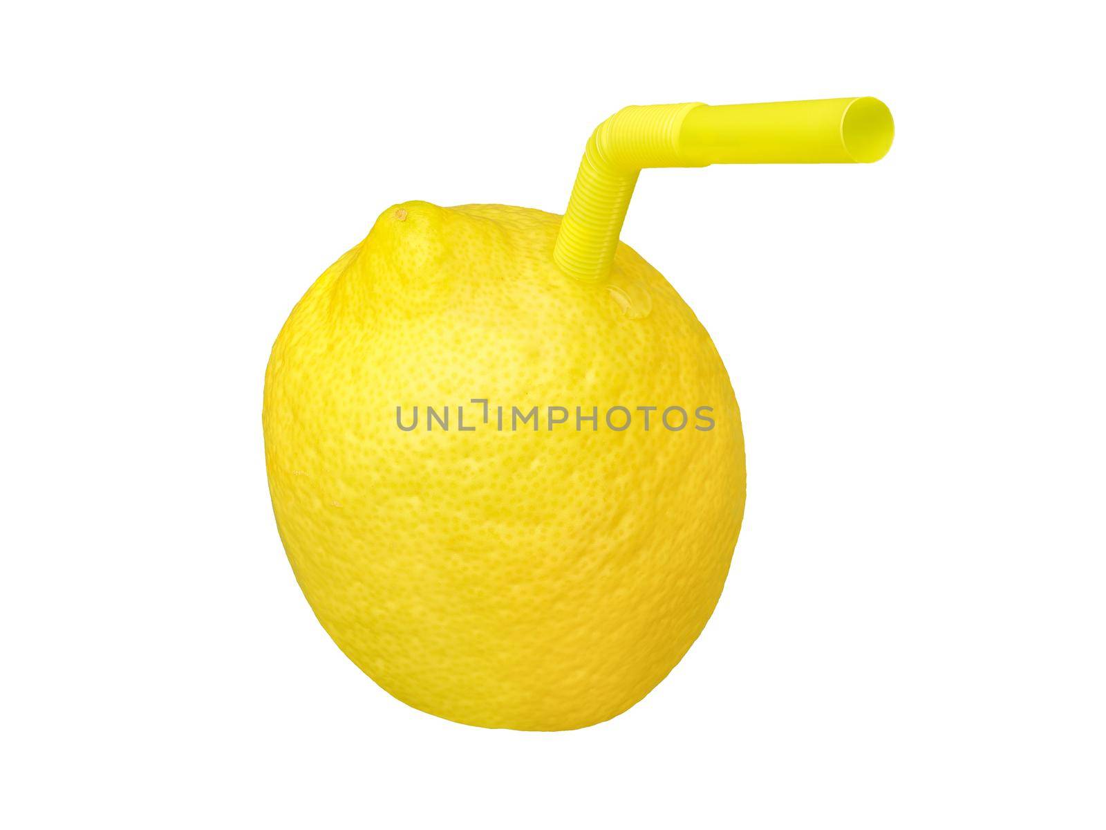 Vitamin C refreshing cocktail or detox lemon as a drink in glass with straw. Detox juice lemon with drinking straw isolated on white background or natural freshly lemonade homemade squeezed ripe fruit by synel