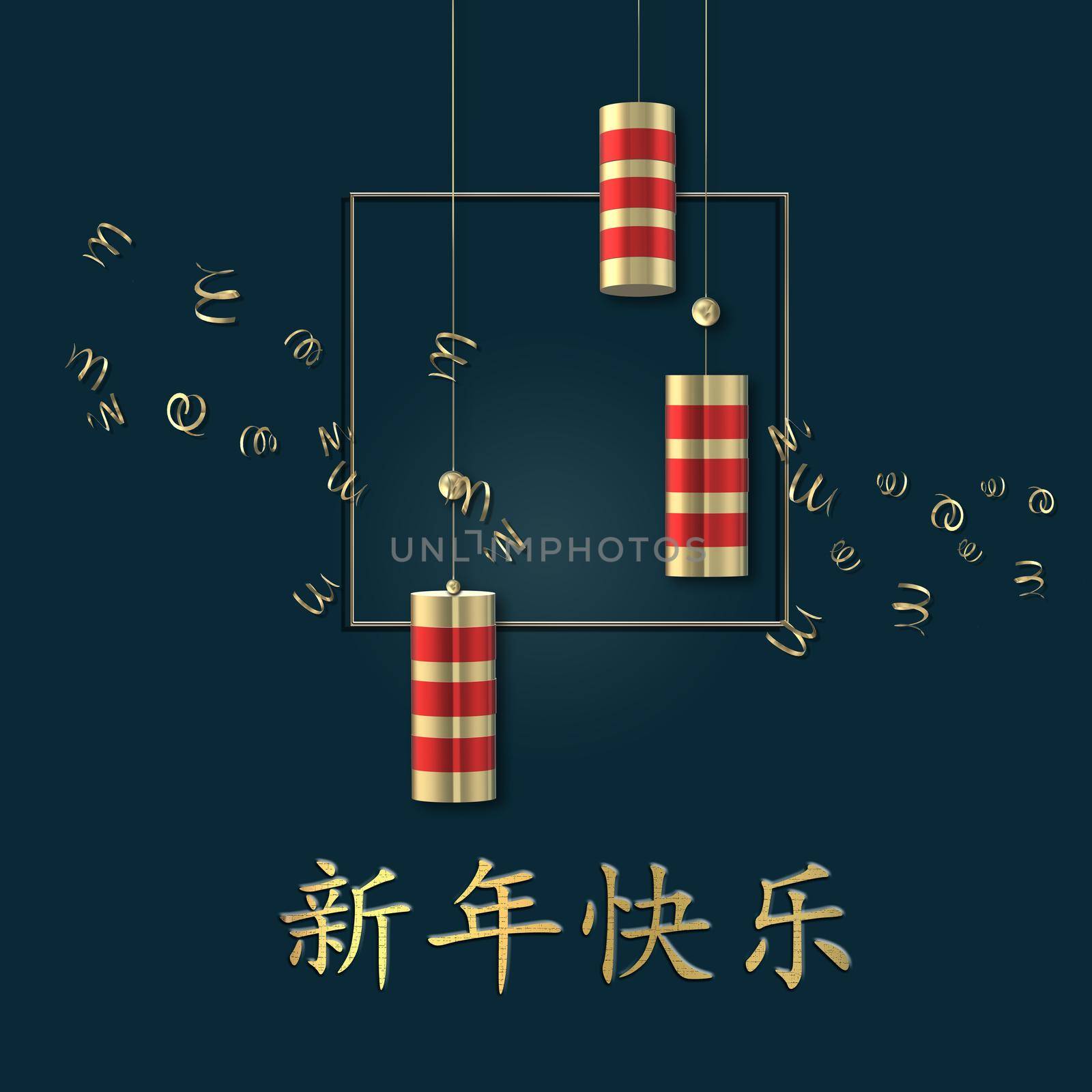 Chinese new year. Red crackers. Oriental Asian symbols on blue background with confetti. Gold Chinese text Happy New Year. 3D render