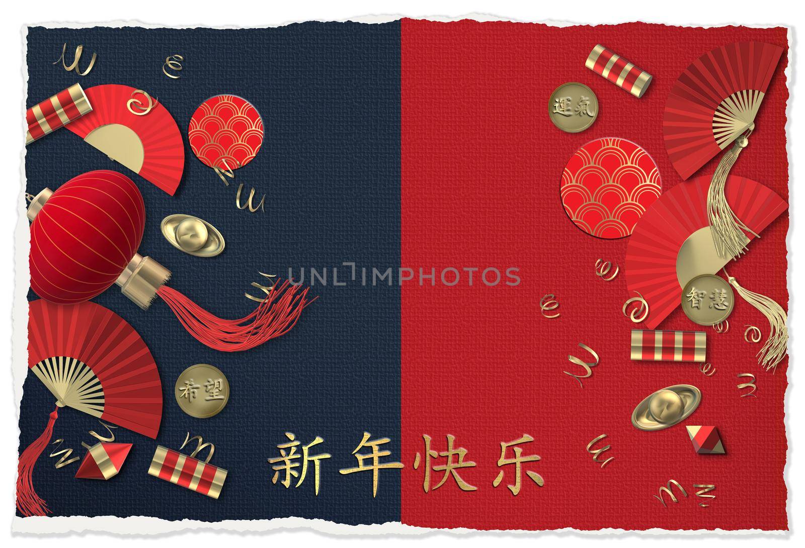 Chinese new year. Lantern, fans, crackers. Oriental Asian symbols on red blue. Lucky envelopes coins with text Chinese translation Luck, Hope, Wisdom. Gold Chinese text Happy New Year. 3D render