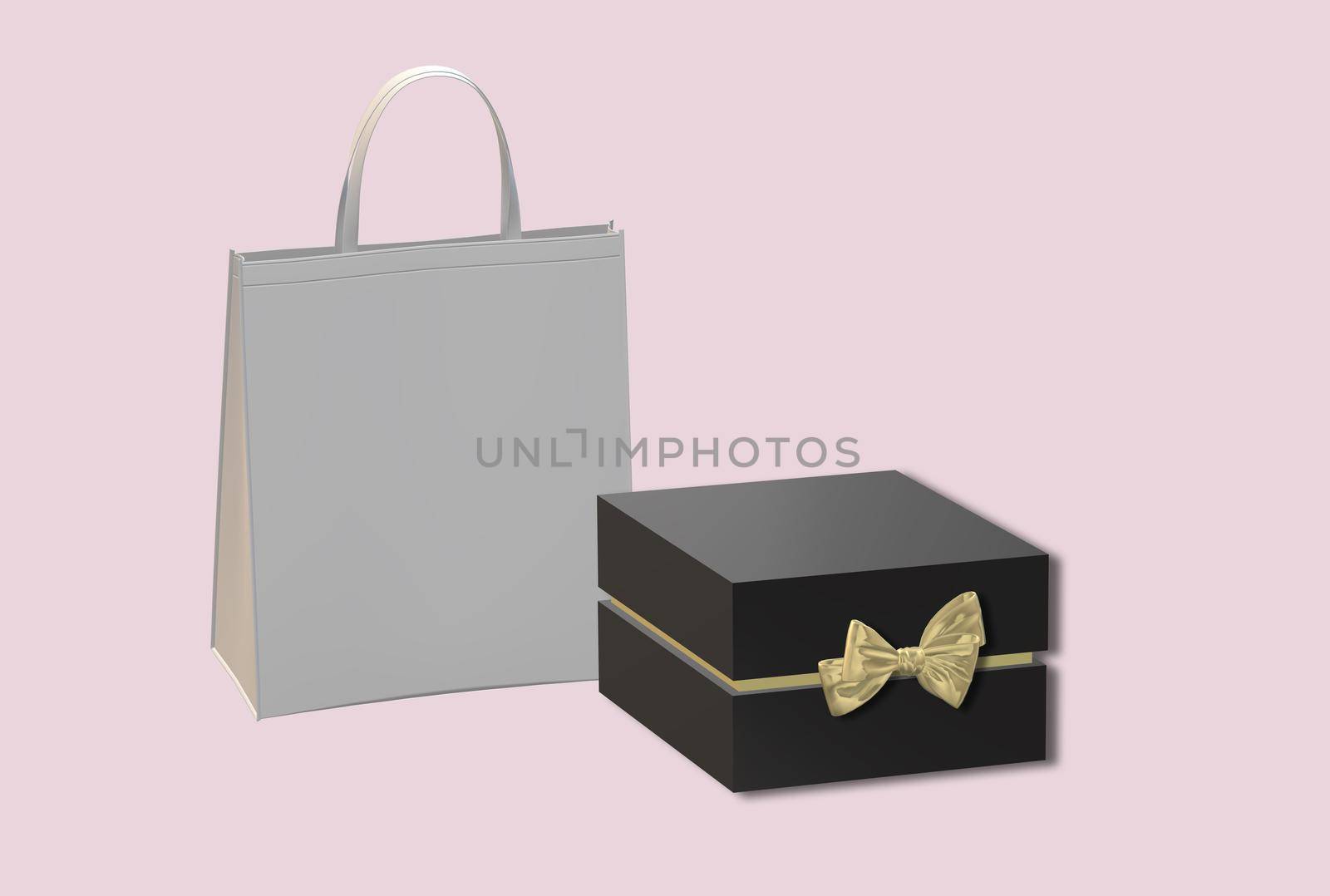 Gift box with golden bow, paper bag on pastel pink background. Black box side view, place for text, mock up. Valentines, love design, sale, surprise, gift, birthday, wedding, Valentines 3D render