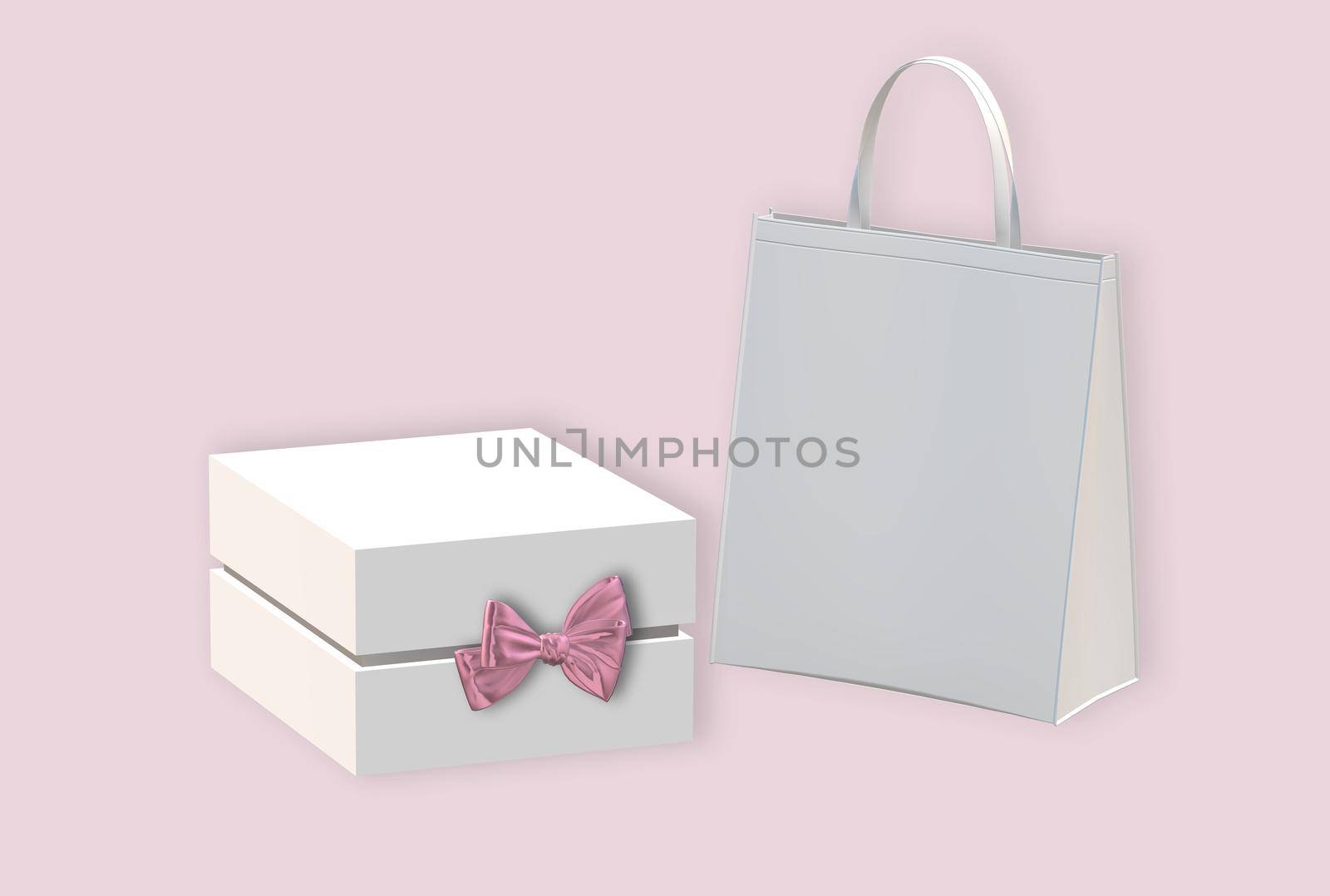 Gift box with golden bow, paper bag on pastel pink background. White box side view, place for text, mock up. Valentines, love design, sale, surprise, gift, birthday, wedding, Valentines 3D render