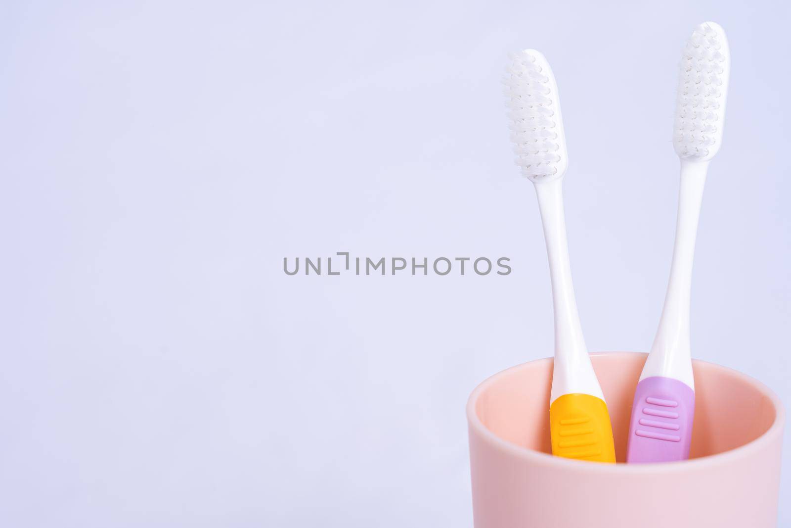 Closeup toothbrush in the glass isolated grey background. Copy space for text.