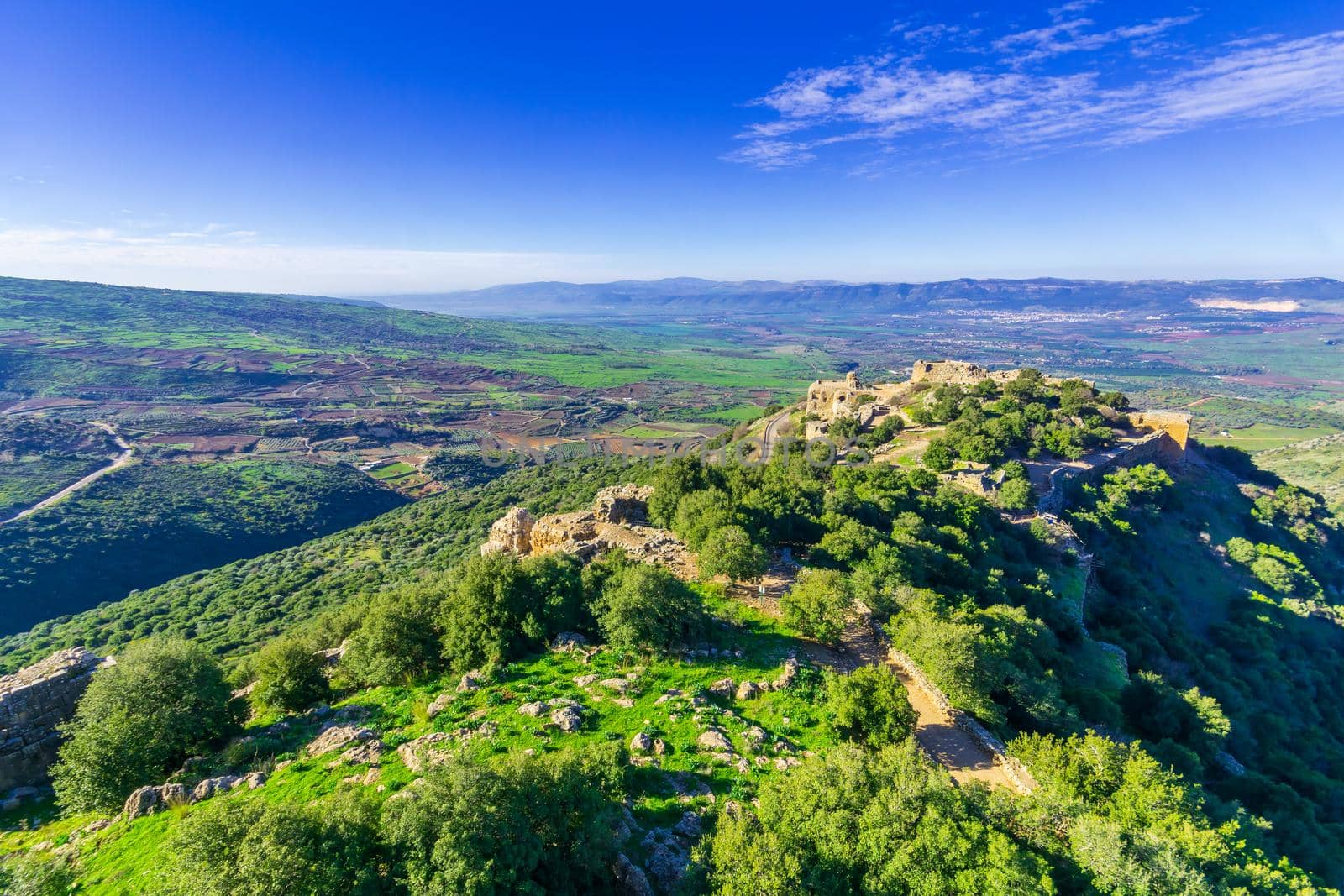 View of the Medieval Nimrod Fortress with nearby landscape and countryside, in the Golan Heights, Northern Israel