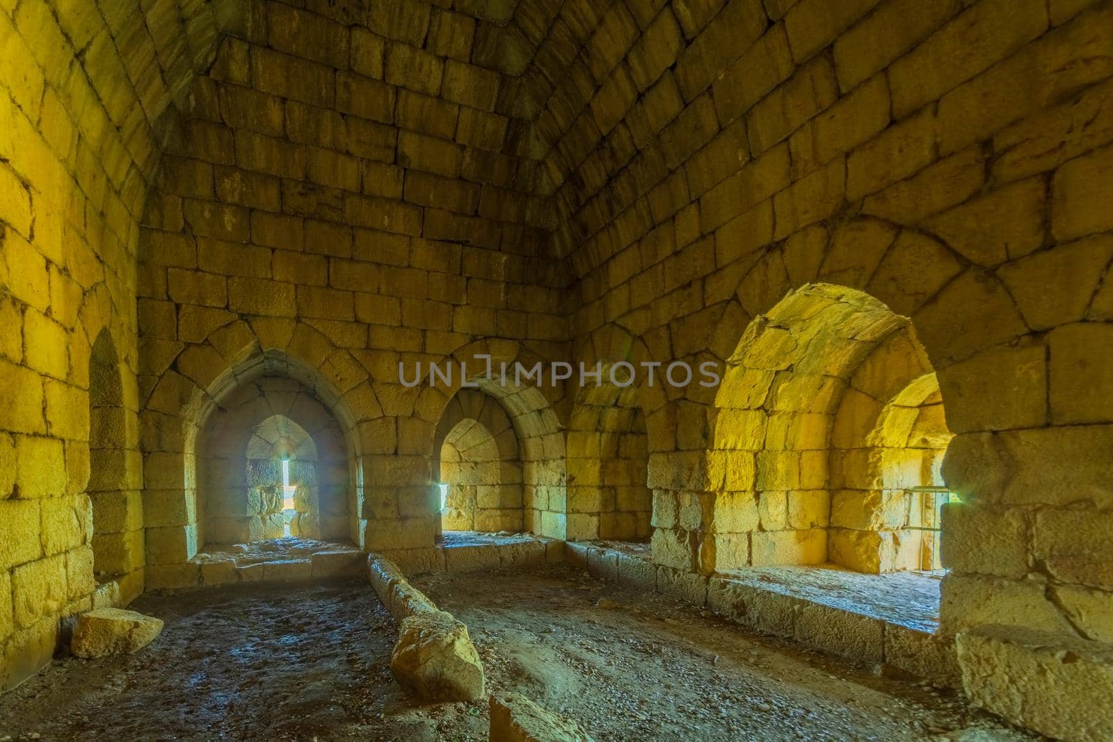 View of the interior of the prison northern tower, with embrasures, in the Medieval Nimrod Fortress, the Golan Heights, Northern Israel