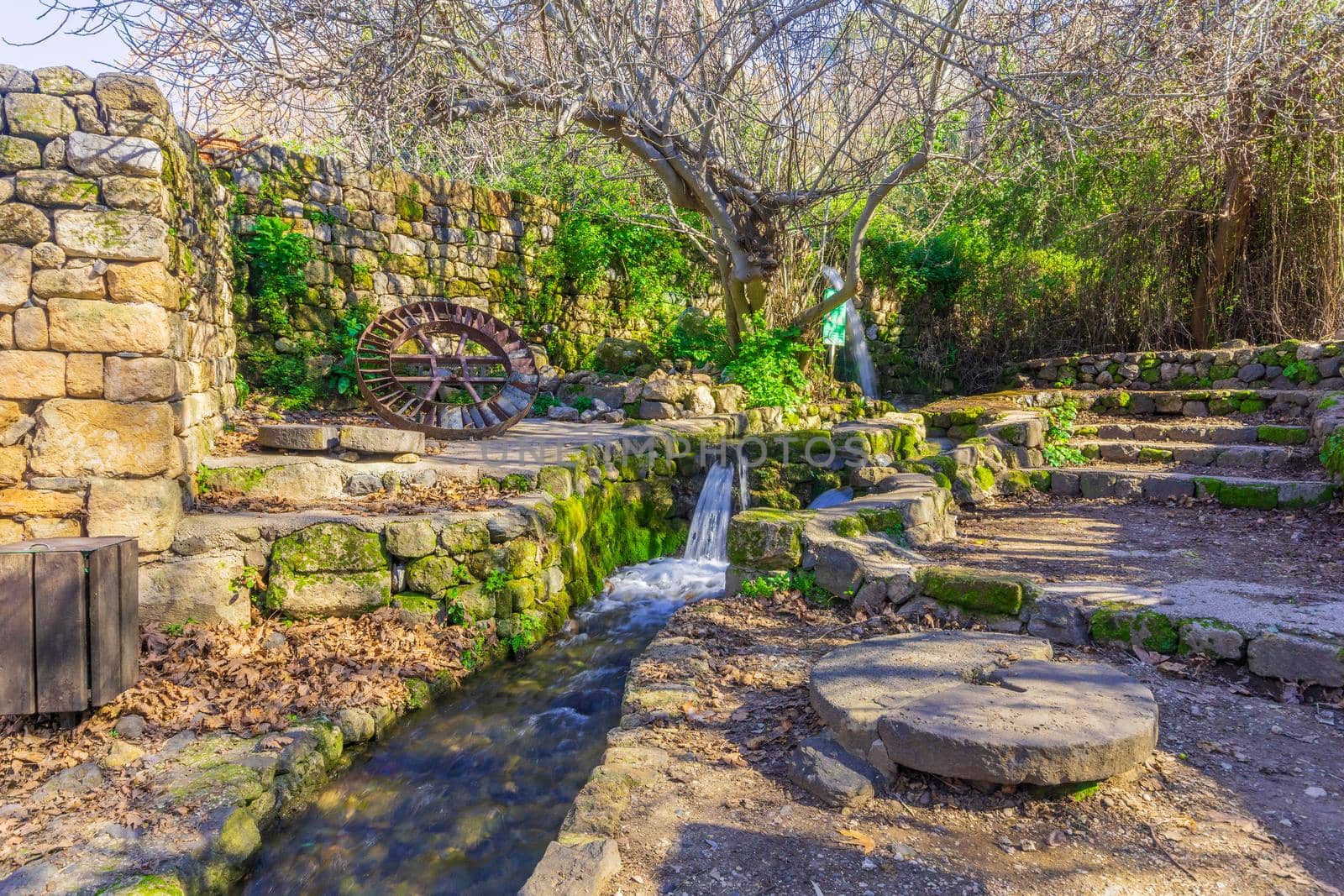 View of stream and water powered Flour Mill elements, in the Hermon Stream (Banias) Nature Reserve, Upper Galilee, Northern Israel