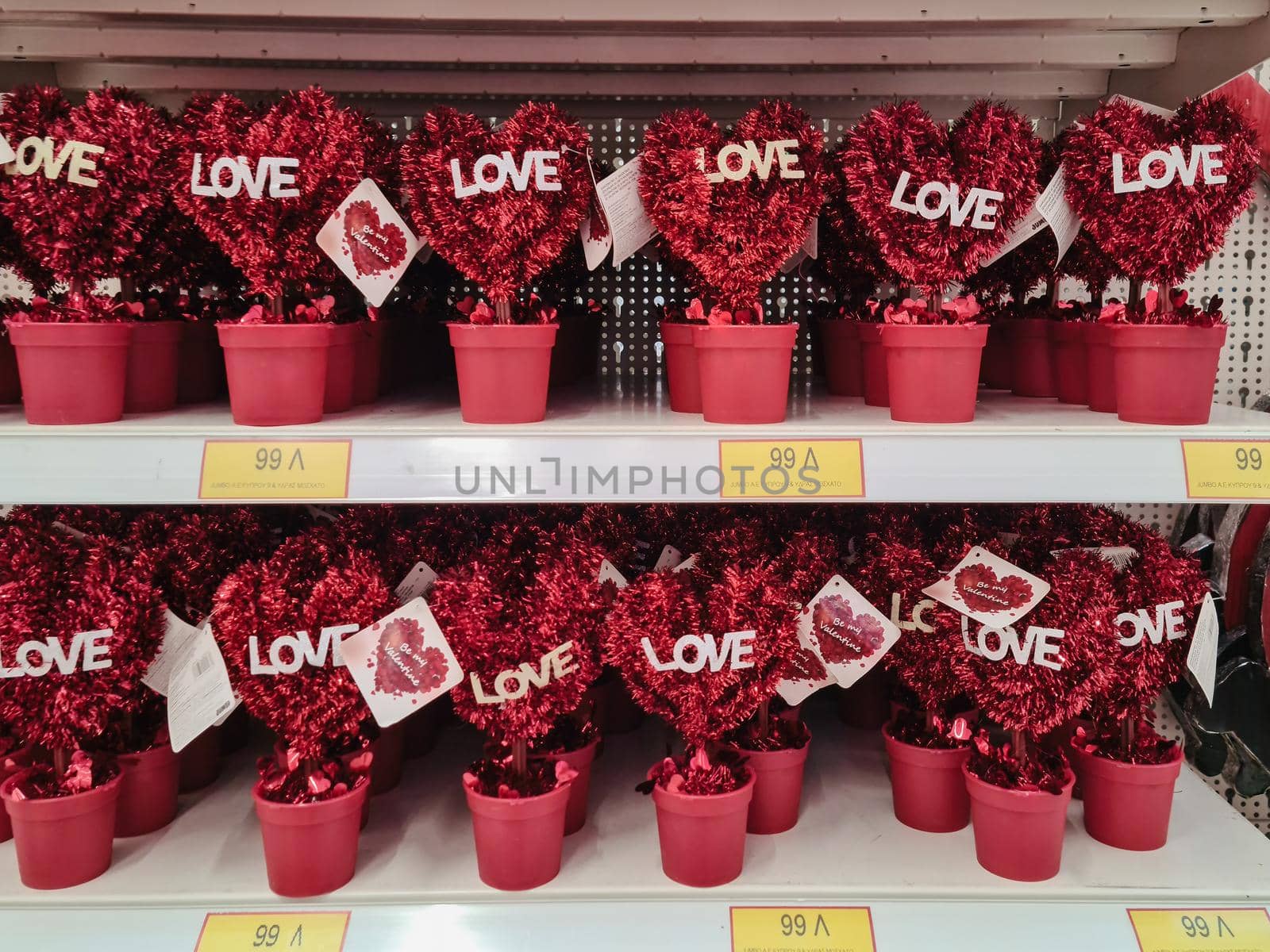 Interior of romantic love decor items on flower pots, sold as gifts for February 14 feast.