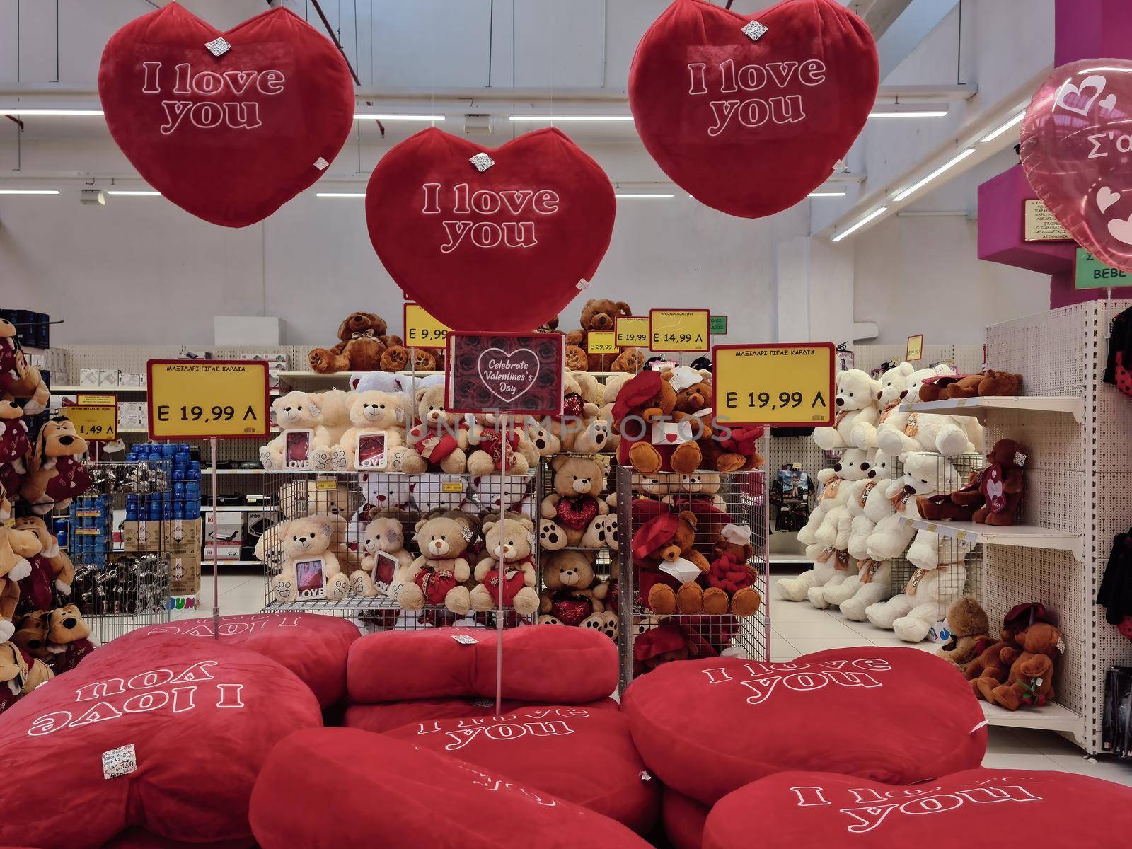 Interior view of romantic love stuffed toys and pillows sold as gifts for annual February 14 feast.