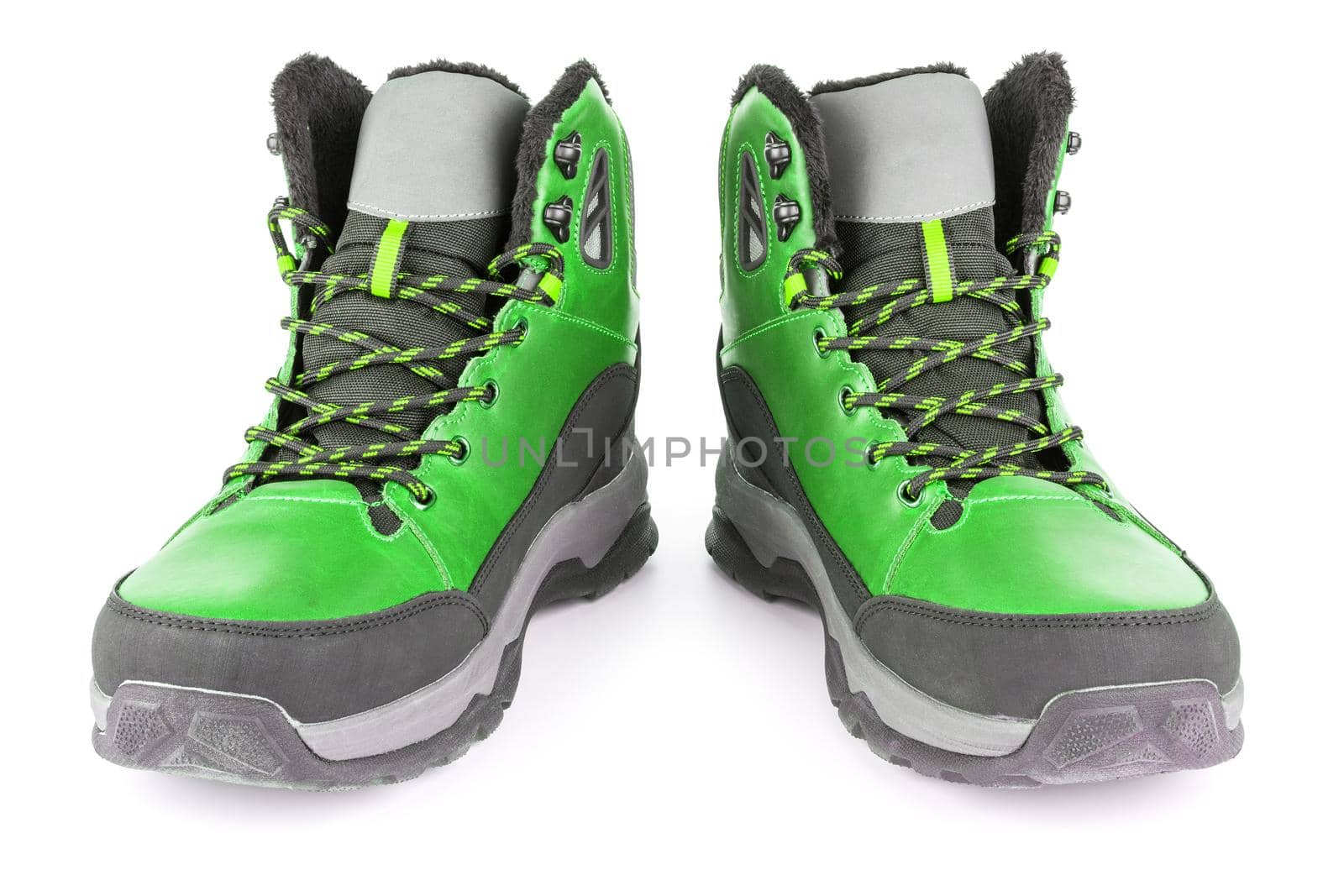 pair of green insulated winter warm three quarter sneaker or boot isolated on white background, perspective view