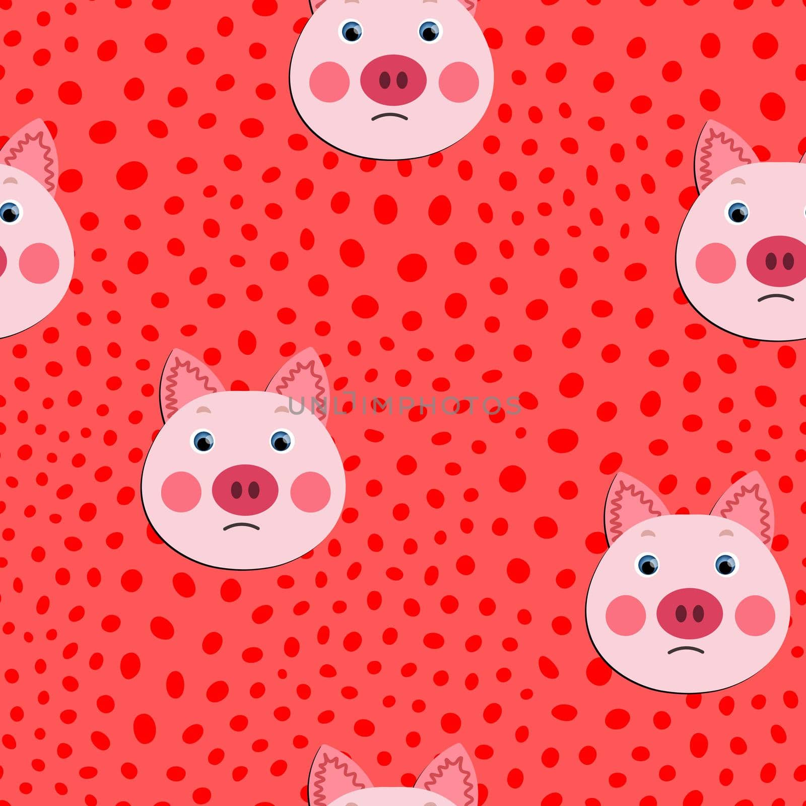 Vector flat animals colorful illustration for kids. Seamless pattern with cute pig face on pink polka dots background. Adorable cartoon character. Design for textures, card, poster, fabric, textile