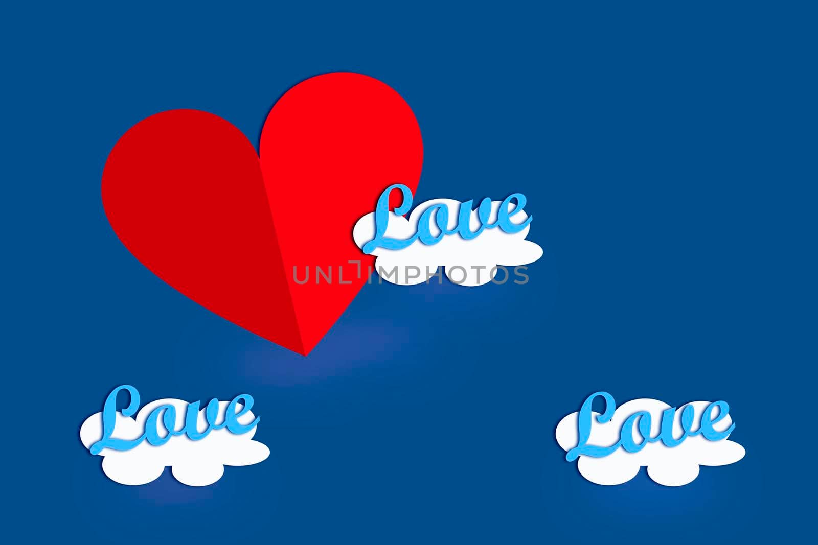 Festive background for Valentine's day. On a blue background is a red heart with clouds and the text love.