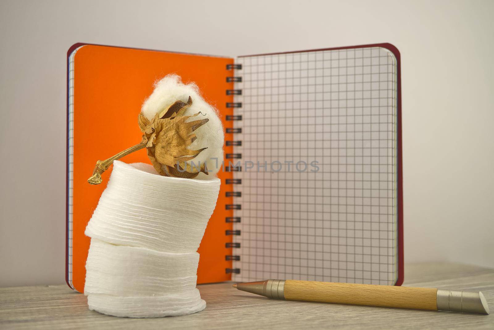 Raw cotton boll and stack of makeup remover pads placed in front of of wire bound notepad. Concept of natural cotton products