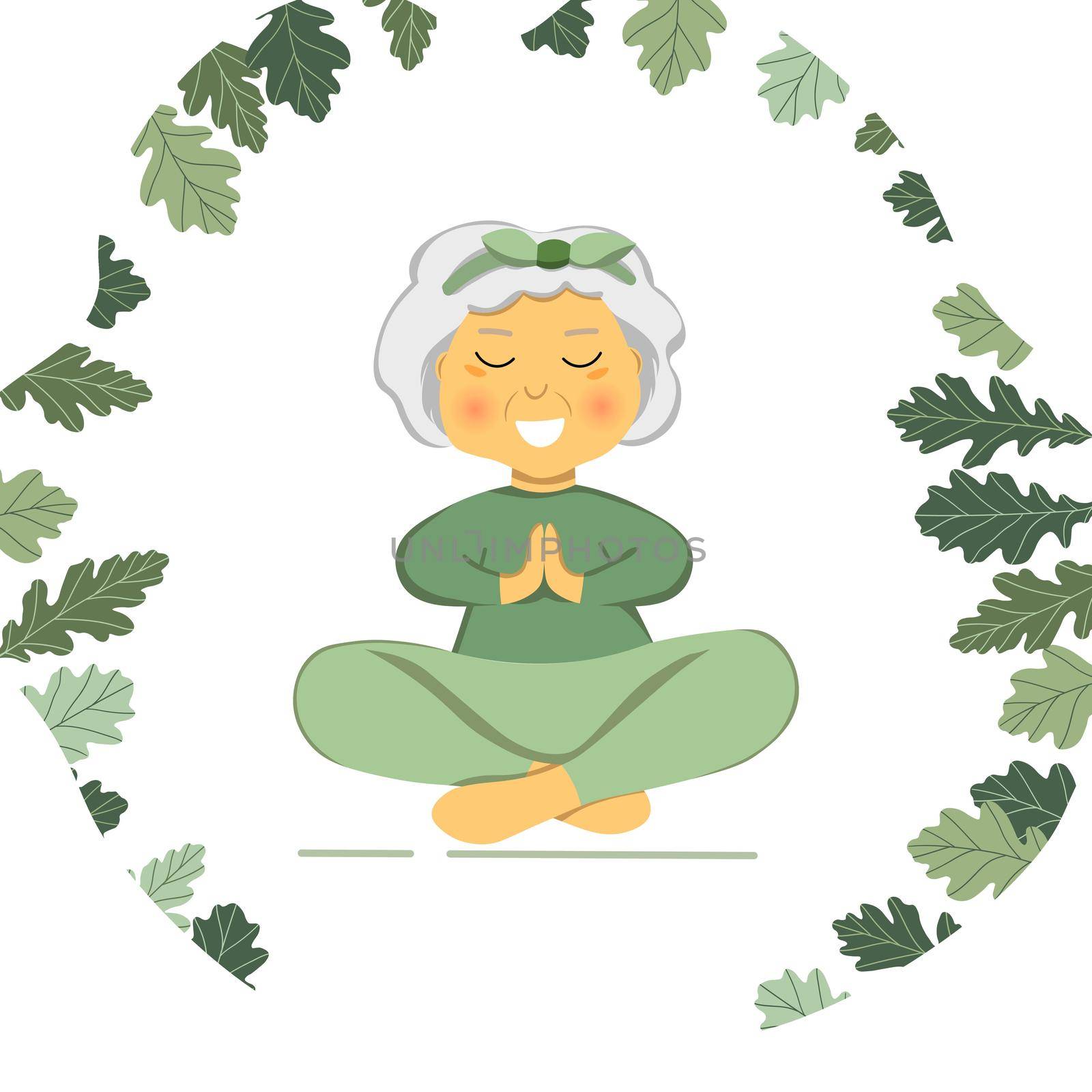 Sporty Granny does Yoga. Old person. Vector colorful cartoon illustration. Senior woman in pose yoga. Exercising for better health. Isolated flat image. Grandma. Grandmother character