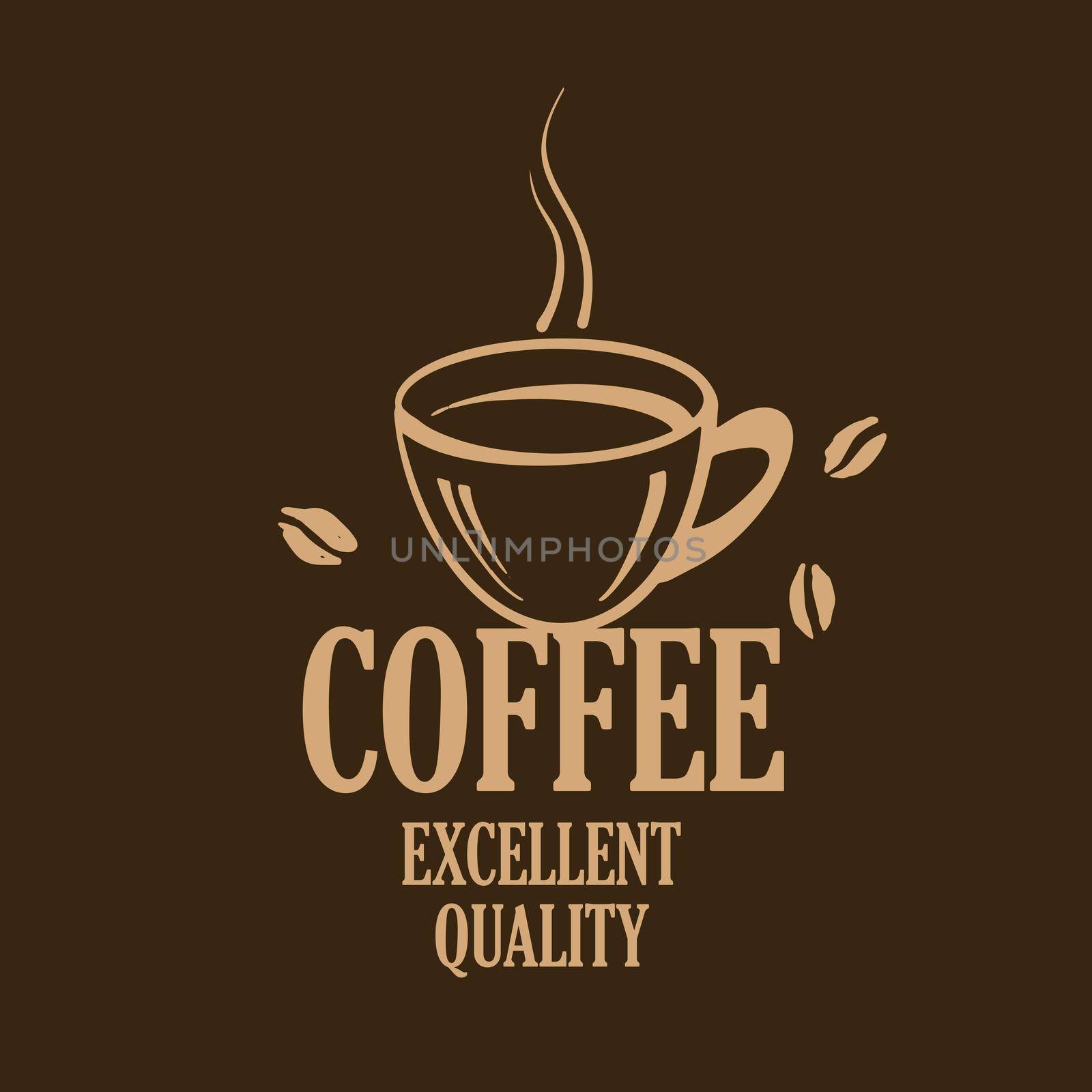 Vector logo with a drawn coffee cup on a dark background.