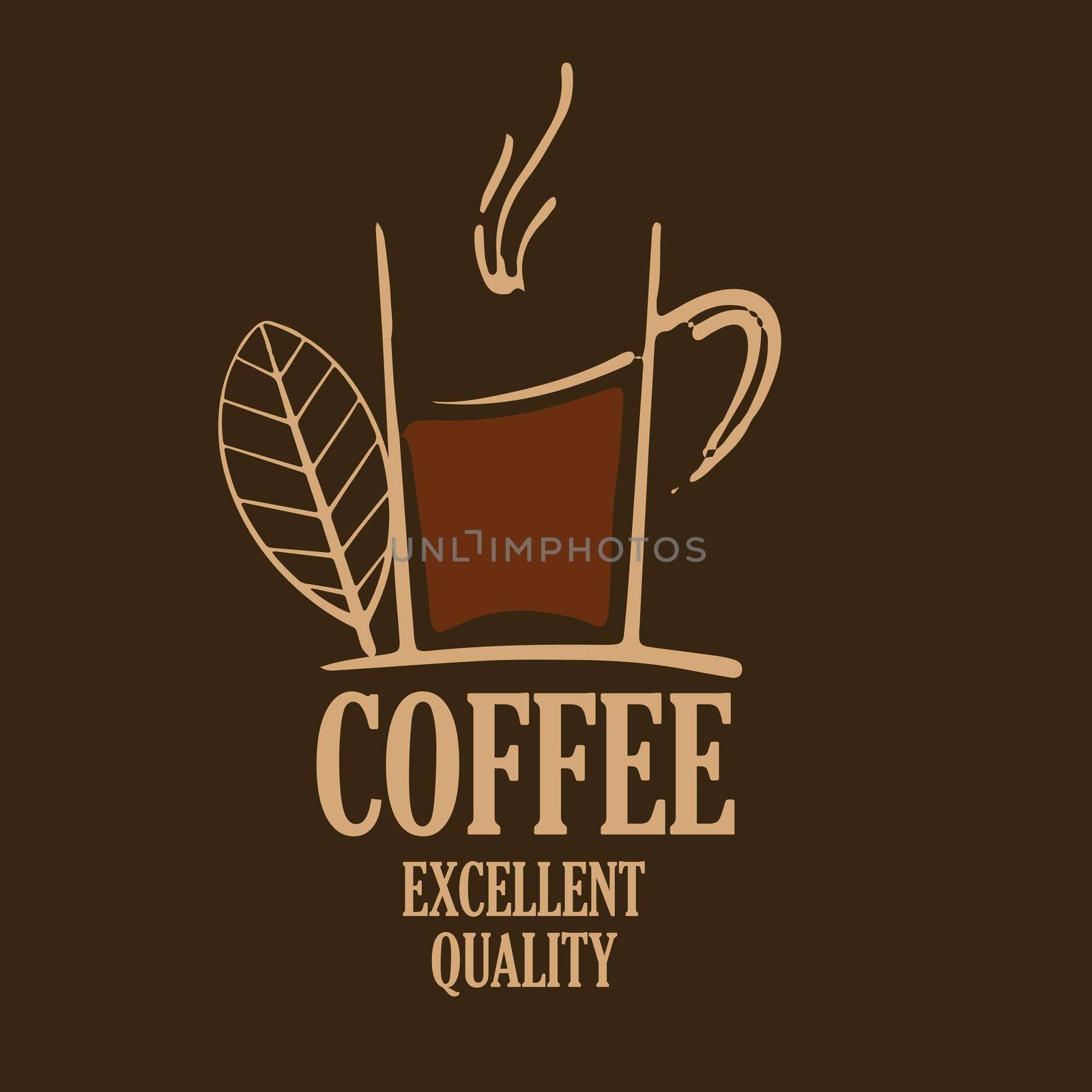 Vector logo with a drawn coffee cup on a dark background.