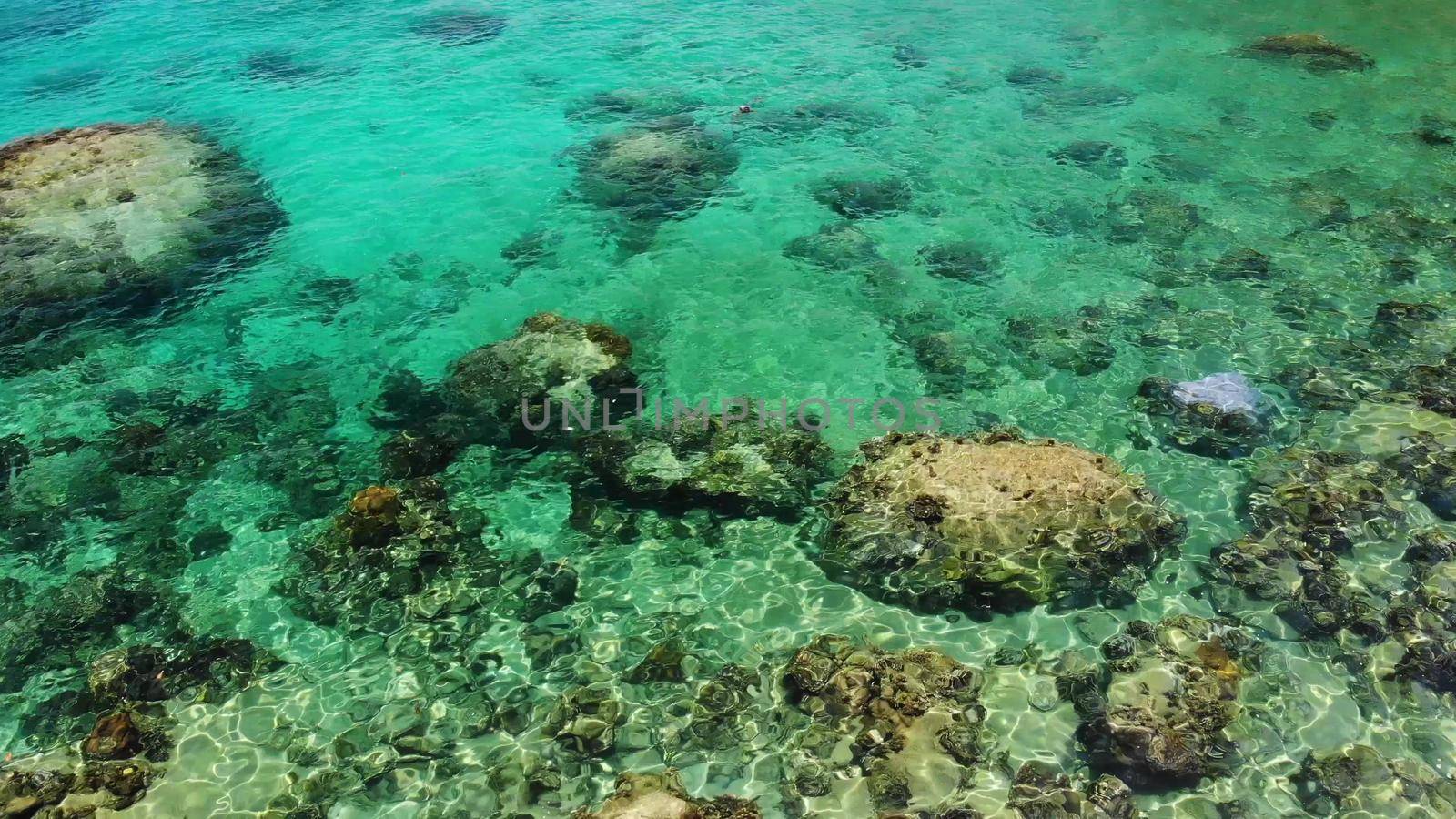 Calm sea water near stones. Peaceful blue sea water and gray boulders in perfect place for snorkeling on Koh Tao Island on sunny day in Thailand. Natural background texture. by DogoraSun
