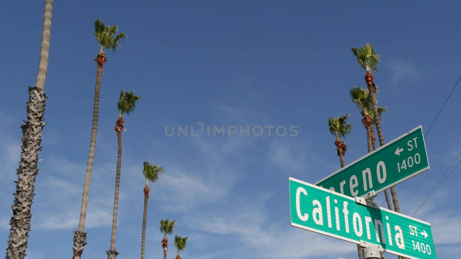 California street road sign on crossroad. Lettering on intersection signpost, symbol of summertime travel and vacations. USA tourist destination. Text on nameboard in city near Los Angeles, route 101 by DogoraSun