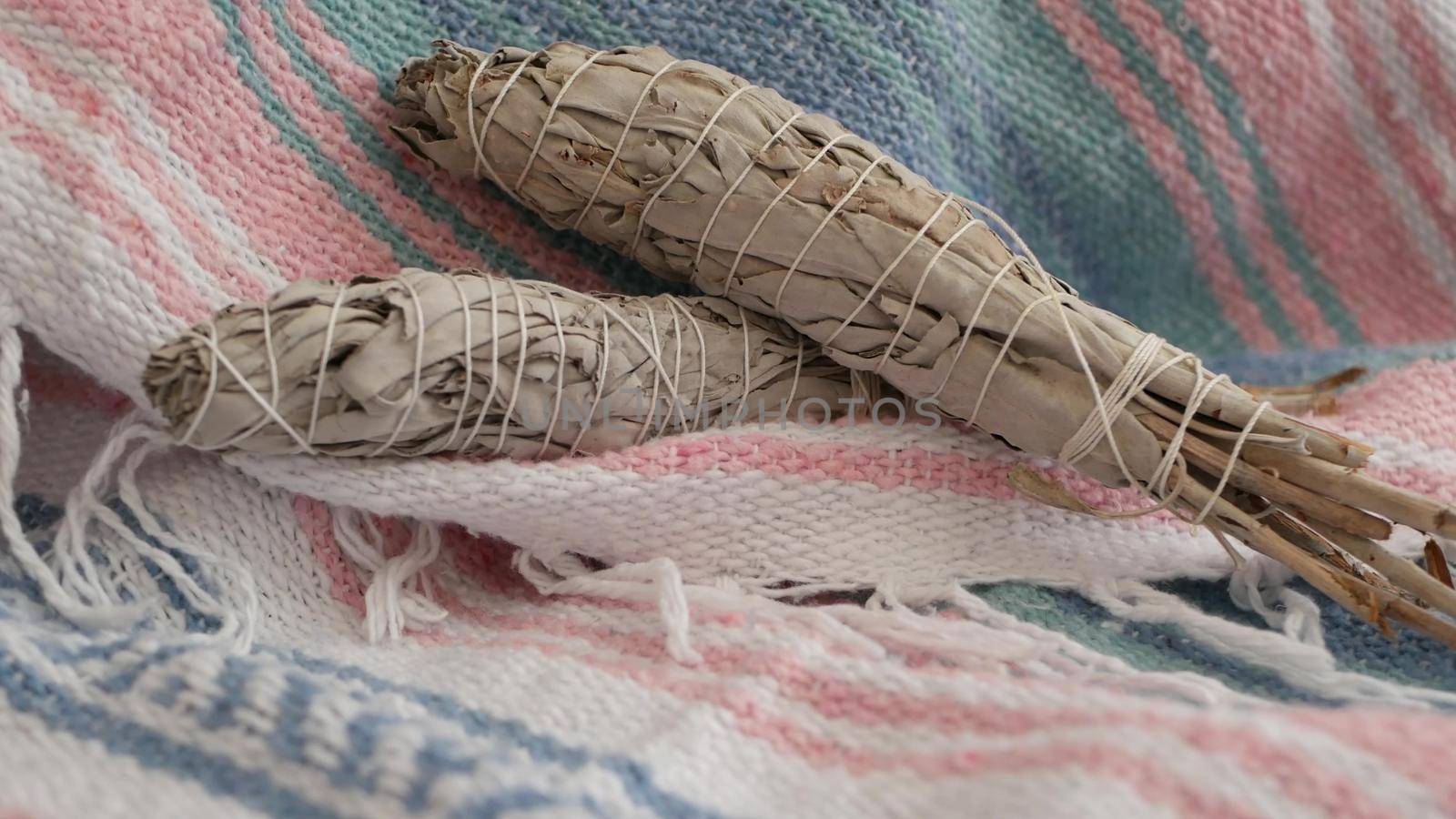 Dried white sage smudge stick, relaxation and aromatherapy. Smudging during psychic occult ceremony, herbal healing, yoga or aura cleaning. Essential incense for esoteric rituals and fortune telling.